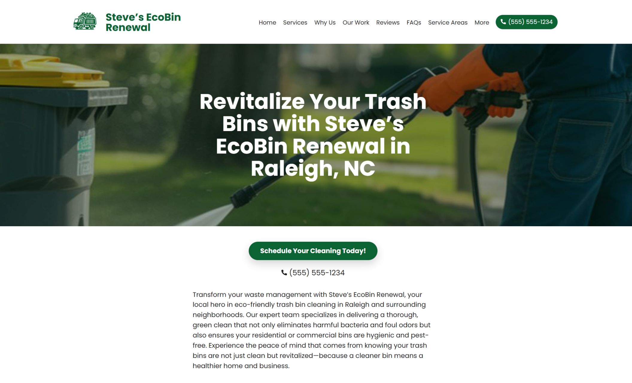 Homepage of Steve’s EcoBin Renewal showing a worker pressure washing a trash bin in a suburban neighborhood beside the headline “Revitalize Your Trash Bins with Steve’s EcoBin Renewal in Raleigh, NC” and a green button reading “Schedule Your Cleaning Today.”