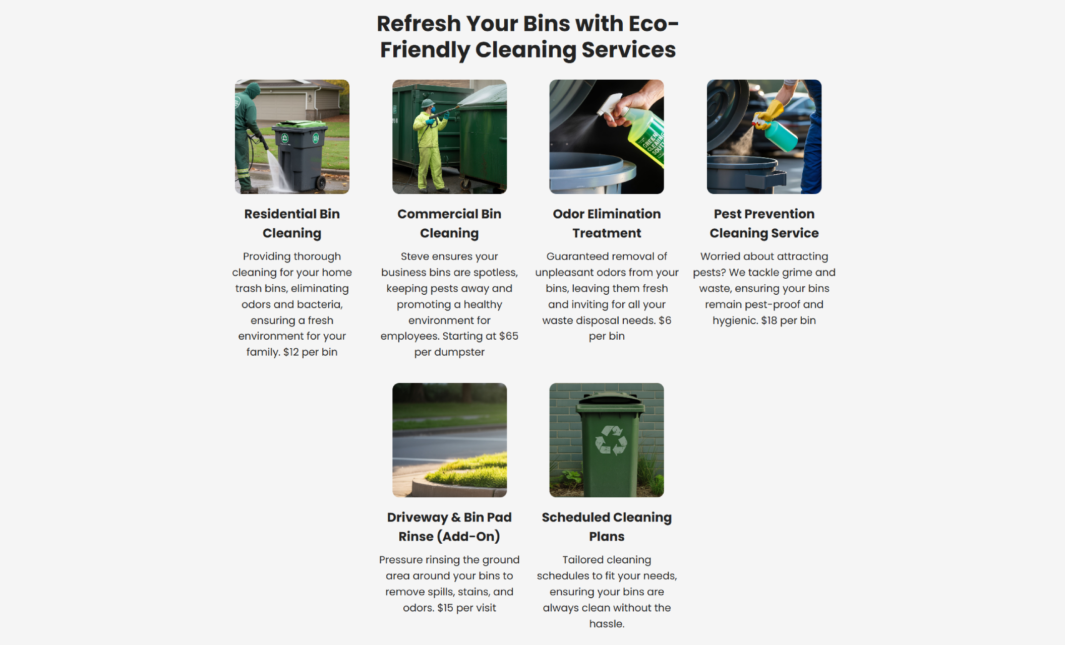 Service section for Steve’s EcoBin Renewal displaying six eco-friendly bin cleaning options with photos of workers rinsing bins, spraying disinfectant, and maintaining driveways, each labeled with descriptions and prices