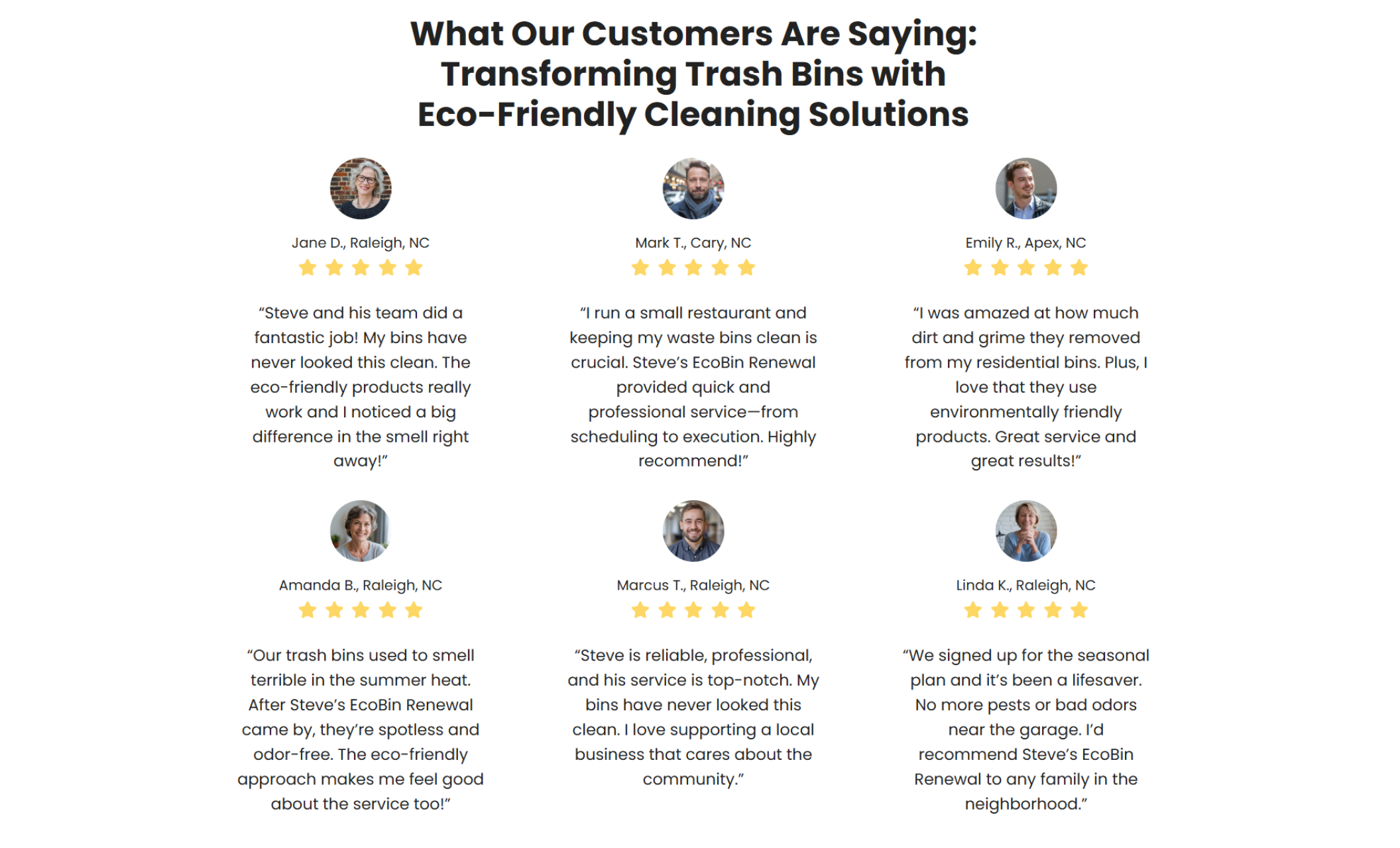 Customer review section from Steve’s EcoBin Renewal featuring six smiling clients from North Carolina, each with a five-star rating and testimonials praising the eco-friendly, odor-free cleaning service