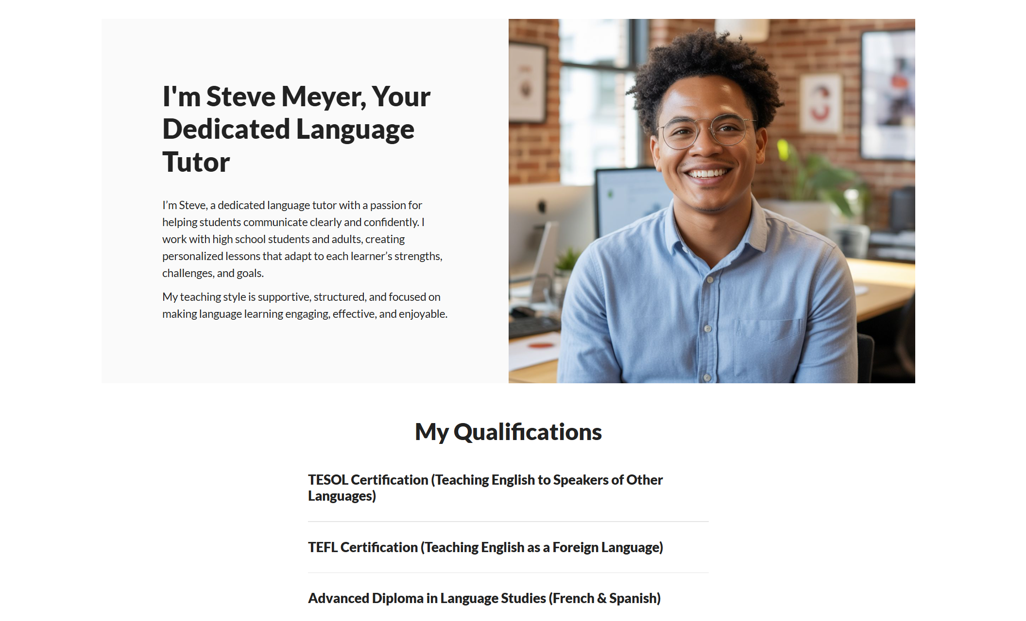 Steve’s Language Lessons tutor profile section featuring a smiling instructor seated in a classroom setting beside the heading “I’m Steve Meyer, Your Dedicated Language Tutor,” followed by a list of teaching qualifications