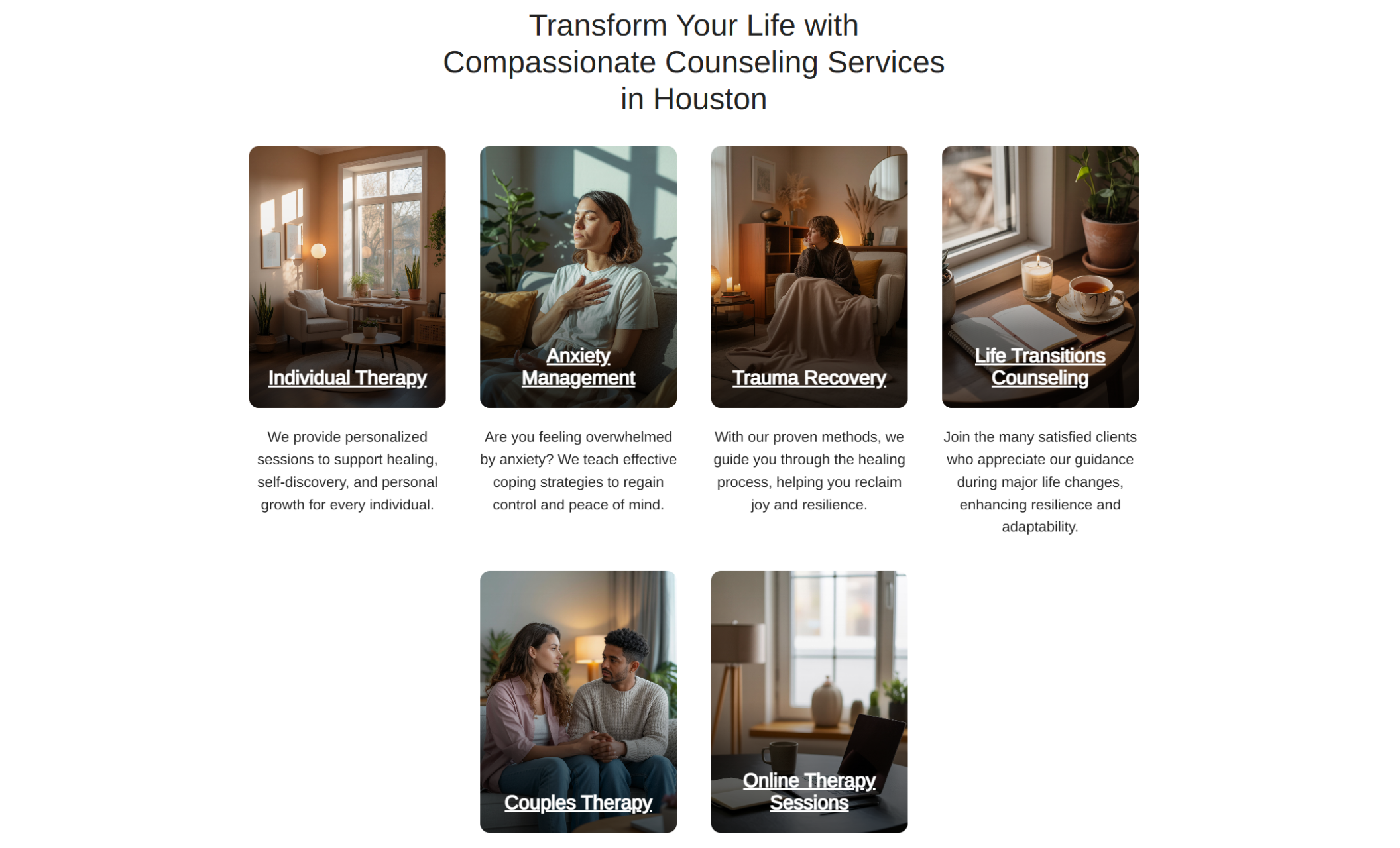Stillpath Therapy services section with six square photo tiles for Individual Therapy, Anxiety Management, Trauma Recovery, Life Transitions Counseling, Couples Therapy, and Online Therapy Sessions, each with short descriptions beneath