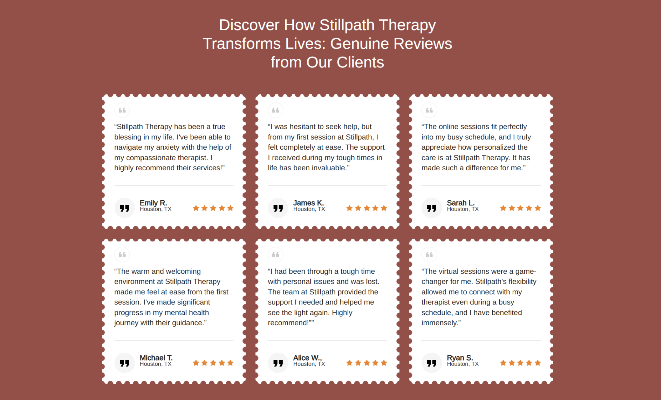 Stillpath Therapy testimonials section featuring six client reviews in white bordered cards against a rust-red background, each with a quote, client name, location, and five-star rating