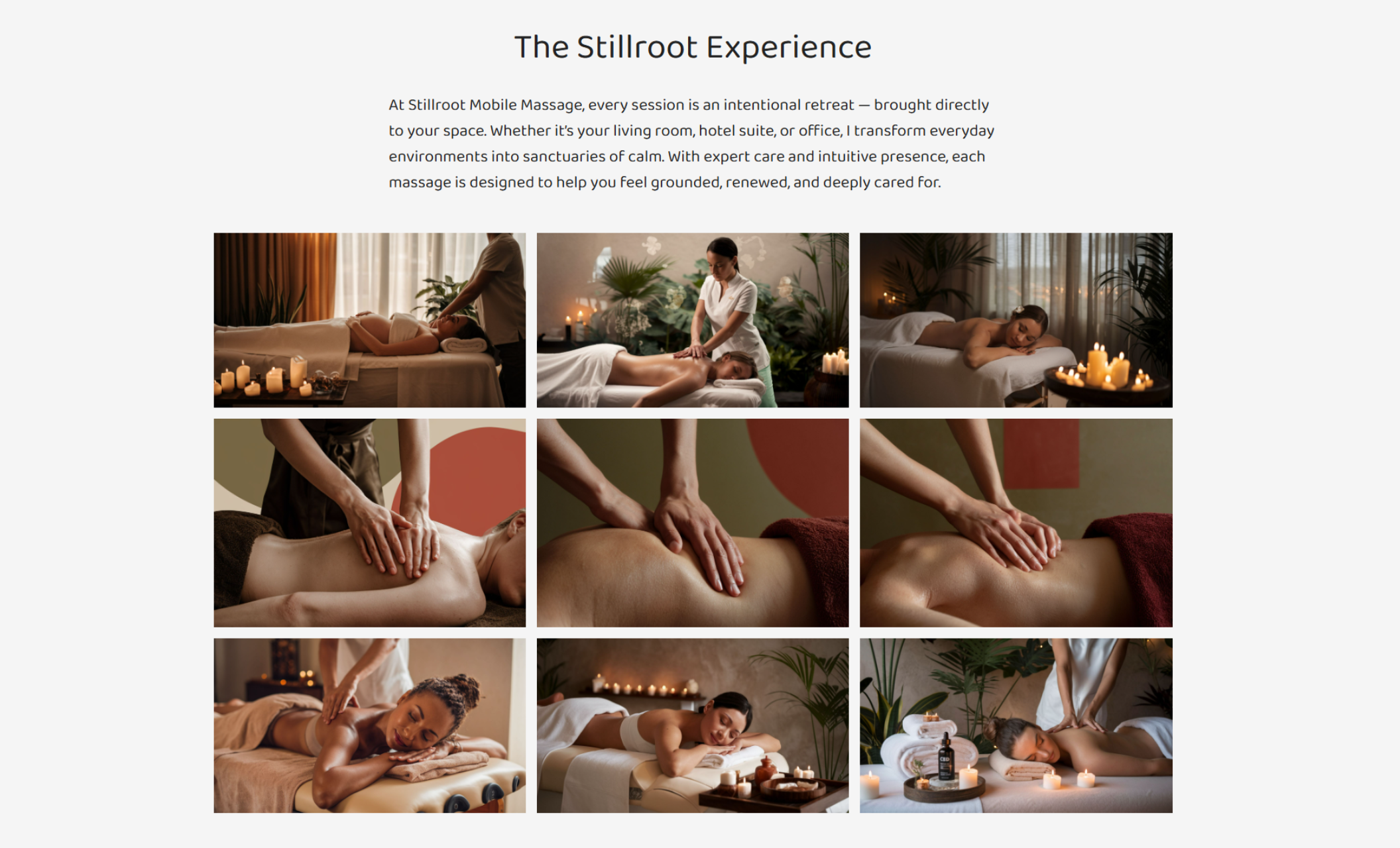 Stillroot Massage experience section with a light background, black headline, and a nine-photo grid showing serene in-home massage sessions, candlelit settings, and professional therapists delivering bodywork with soothing touch