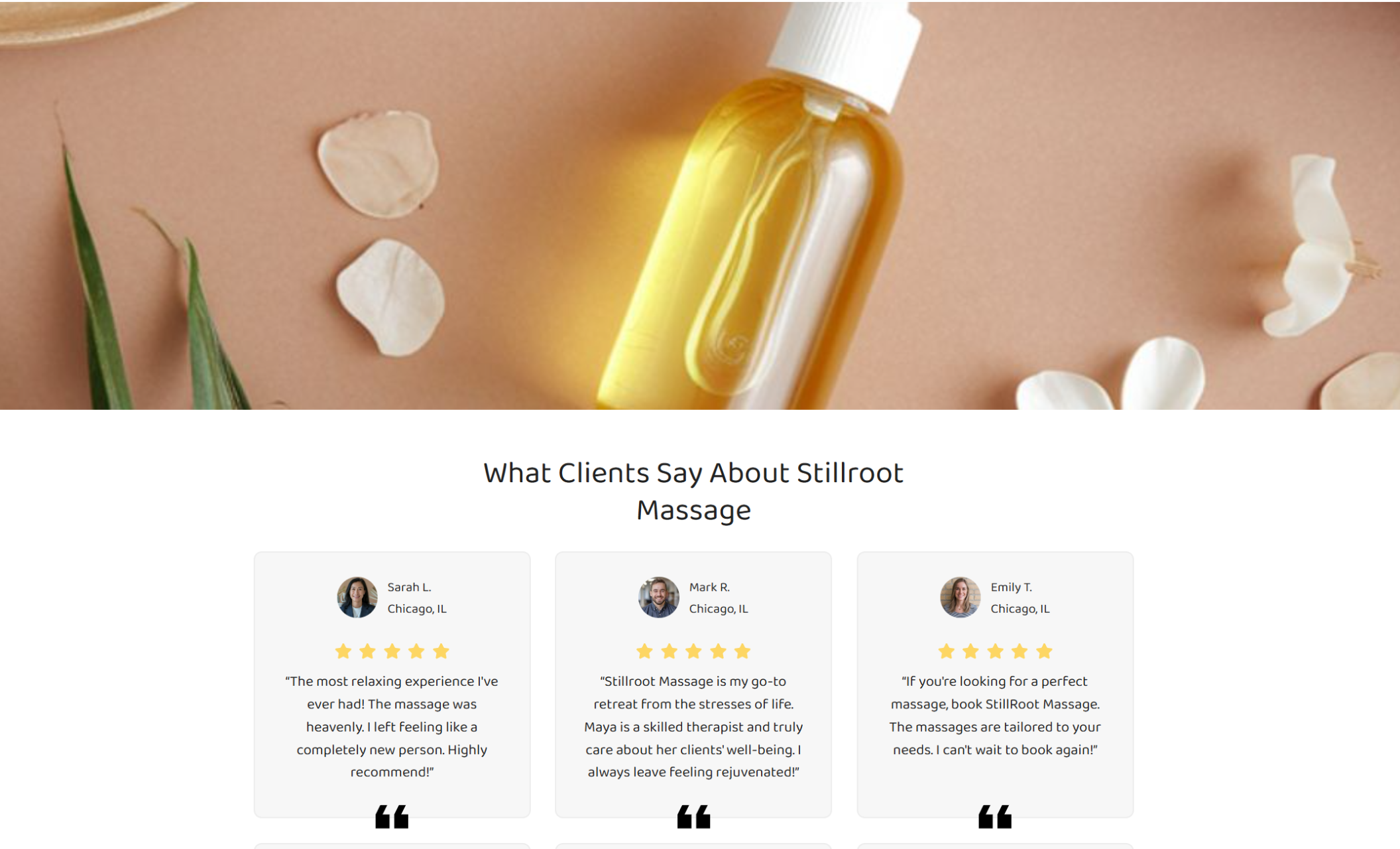 Testimonial section with a white background, black headline, and three five-star reviews from Chicago clients praising Stillroot Massage for personalized service, therapeutic relief, and rejuvenation