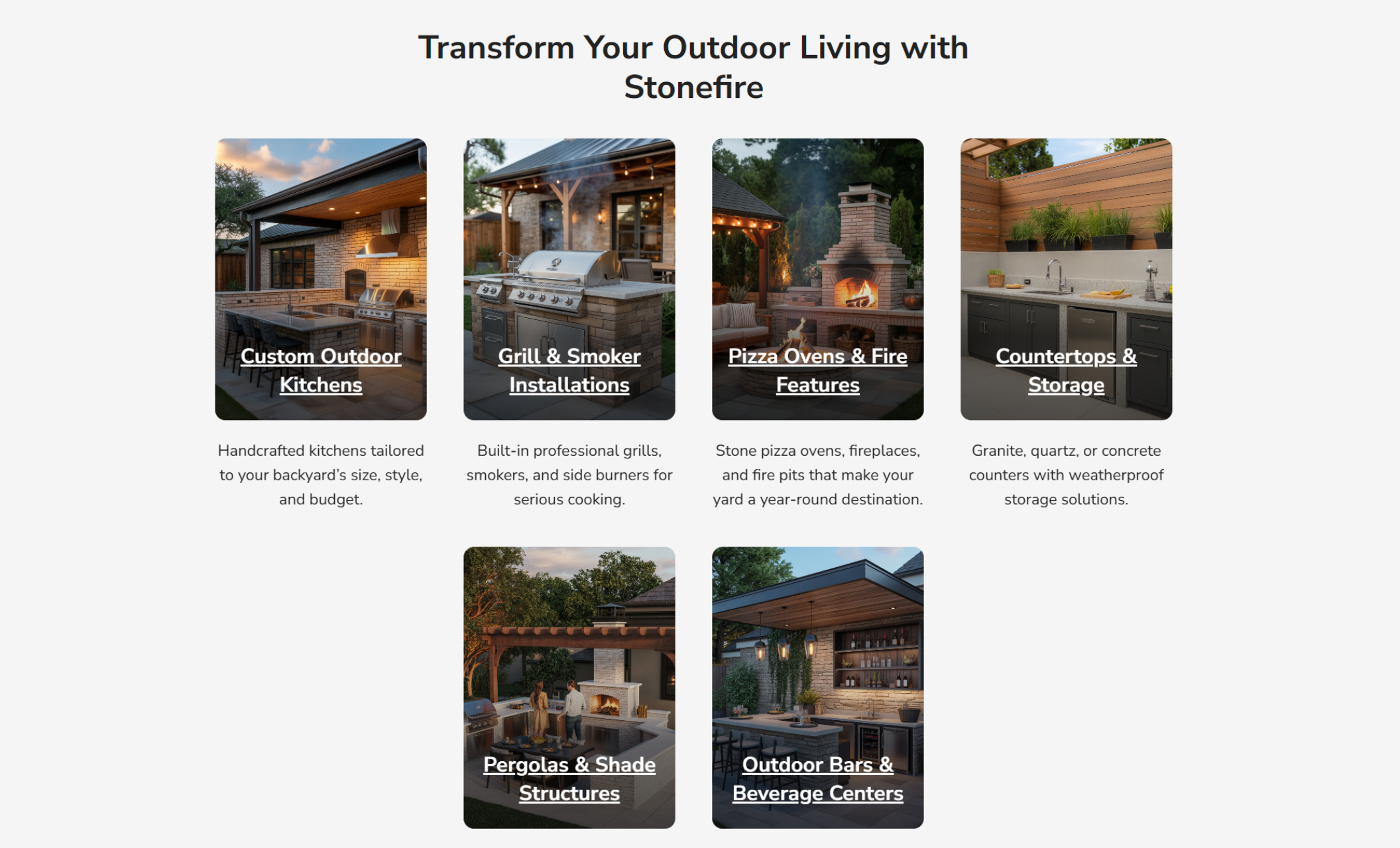 Stonefire Outdoor Kitchens services overview showing six service cards with images and descriptions for Custom Outdoor Kitchens, Grill & Smoker Installations, Pizza Ovens & Fire Features, Countertops & Storage, Pergolas & Shade Structures, and Outdoor Bars & Beverage Centers