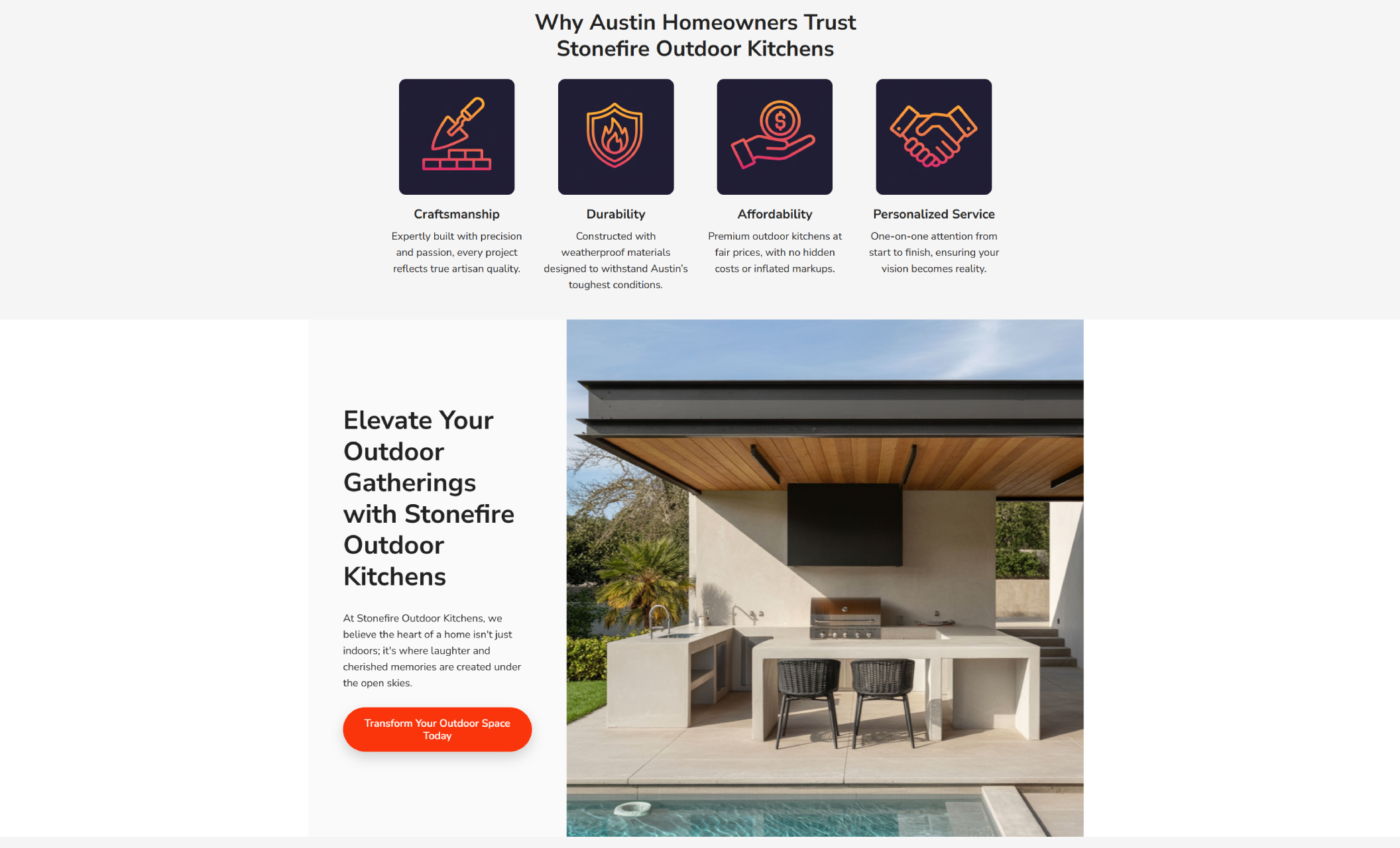 Stonefire Outdoor Kitchens trust section highlighting four icons for Craftsmanship, Durability, Affordability, and Personalized Service above an image of a modern outdoor kitchen with a poolside view and the headline “Elevate Your Outdoor Gatherings with Stonefire Outdoor Kitchens.”