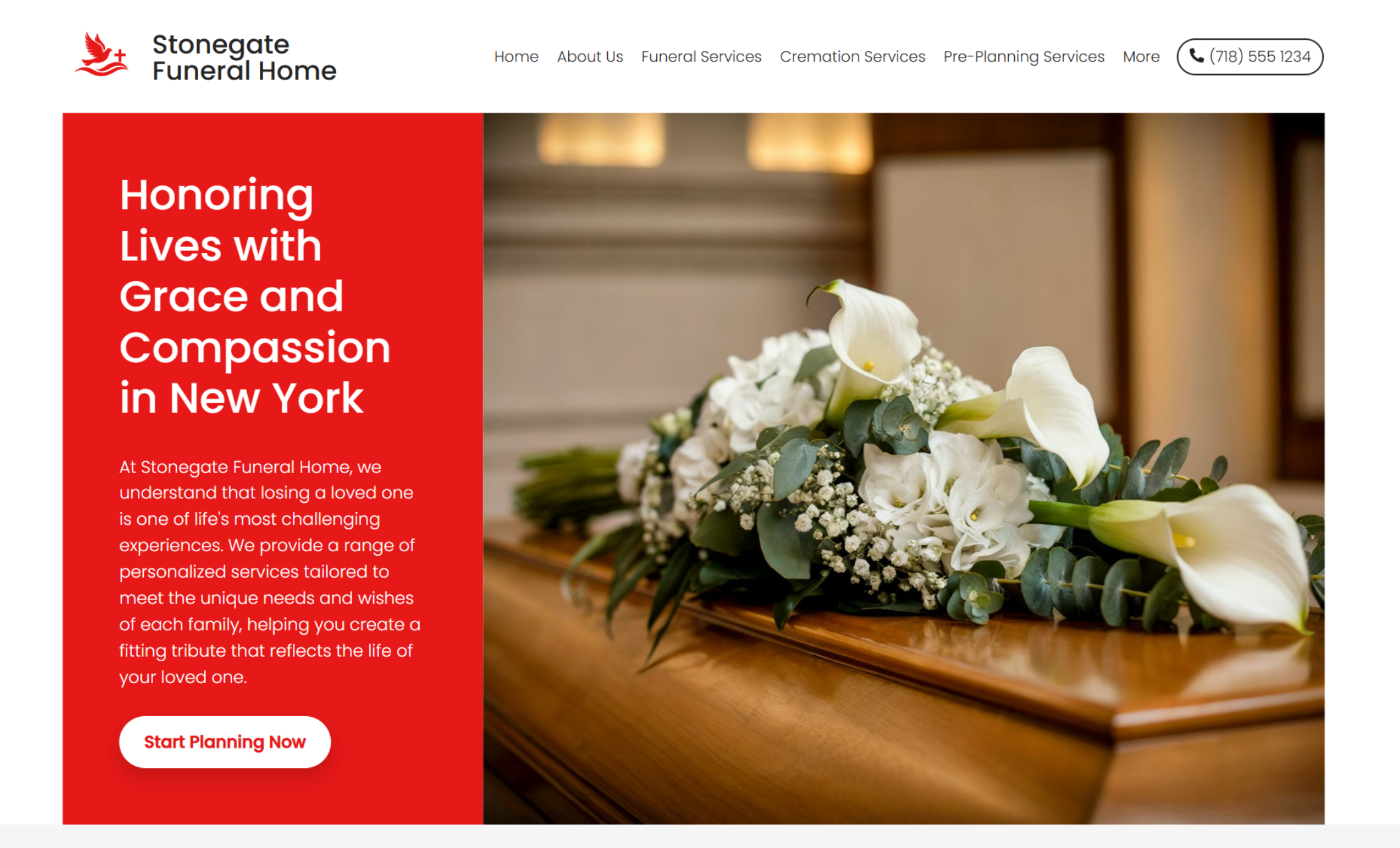 Stonegate Funeral Home homepage showing a bouquet of white lilies and roses resting on a wooden casket beside the headline “Honoring Lives with Grace and Compassion in New York” and a button that says “Start Planning Now.”