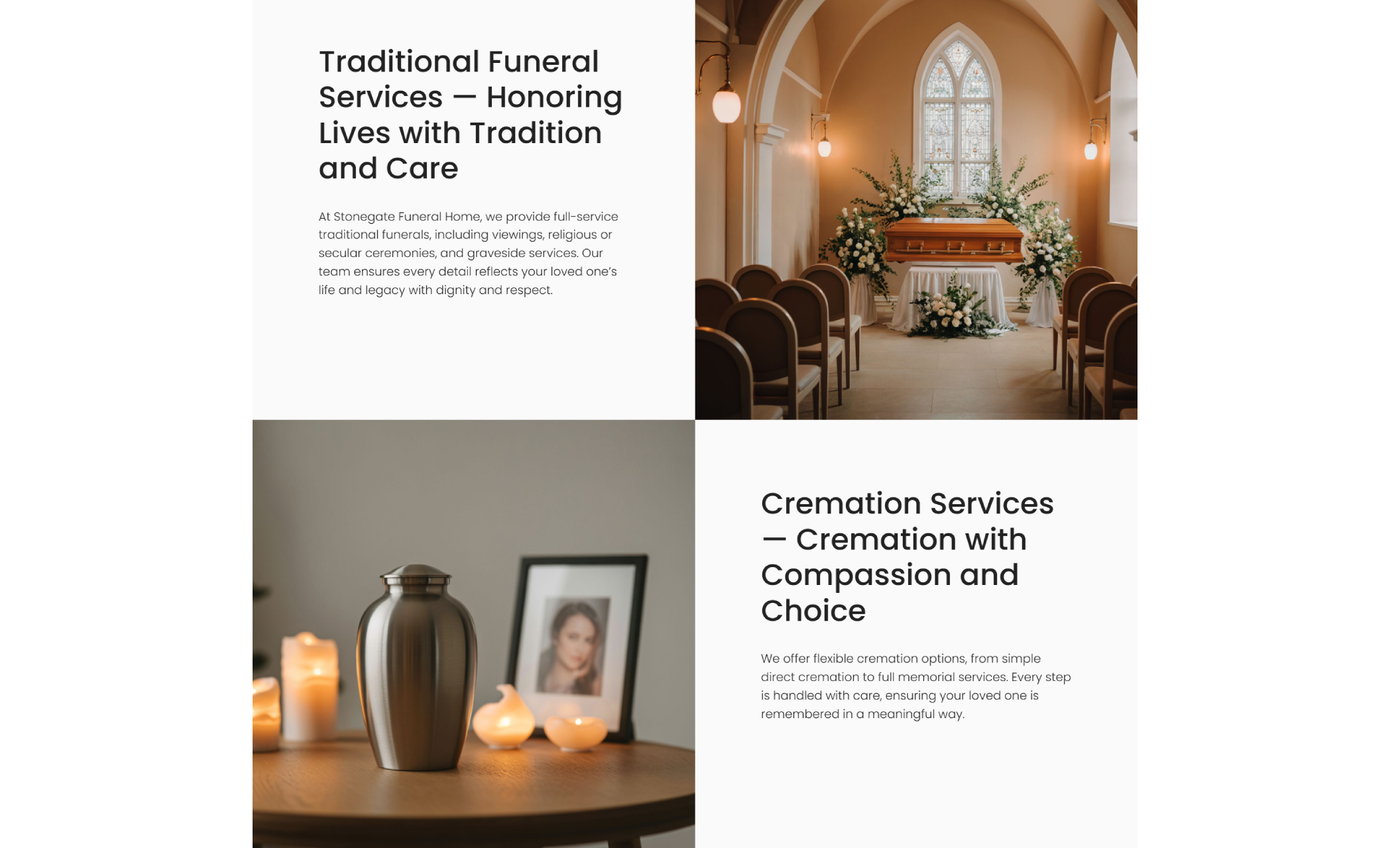 Stonegate Funeral Home services section with a photo of a wooden casket surrounded by flowers in a chapel for Traditional Funeral Services and an image of a silver urn beside candles and a framed photo for Cremation Services