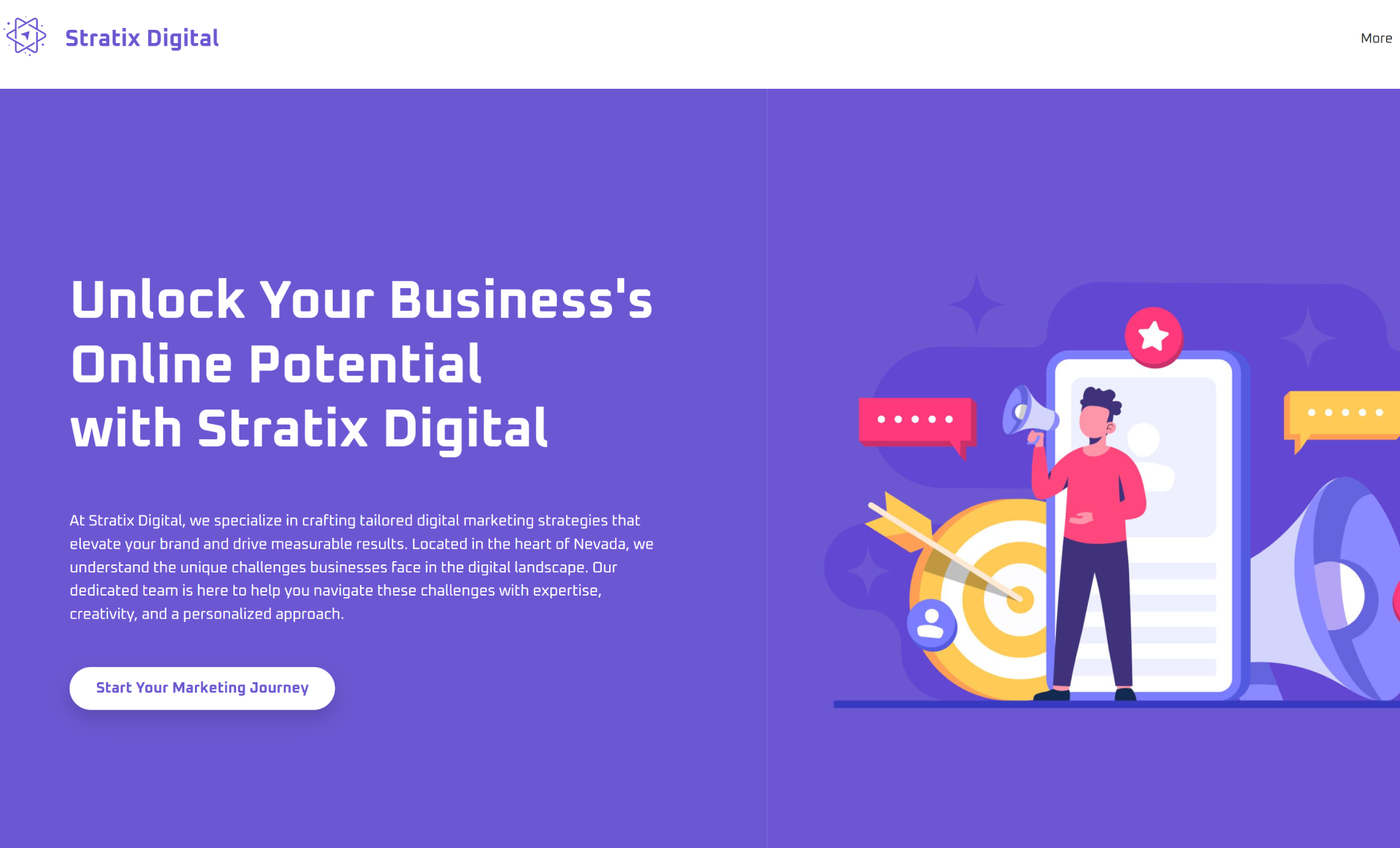 Stratix Digital homepage with a bold purple background and illustration of a man with a megaphone beside icons of a target, chat bubbles, and a smartphone, under the headline “Unlock Your Business's Online Potential with Stratix Digital.”