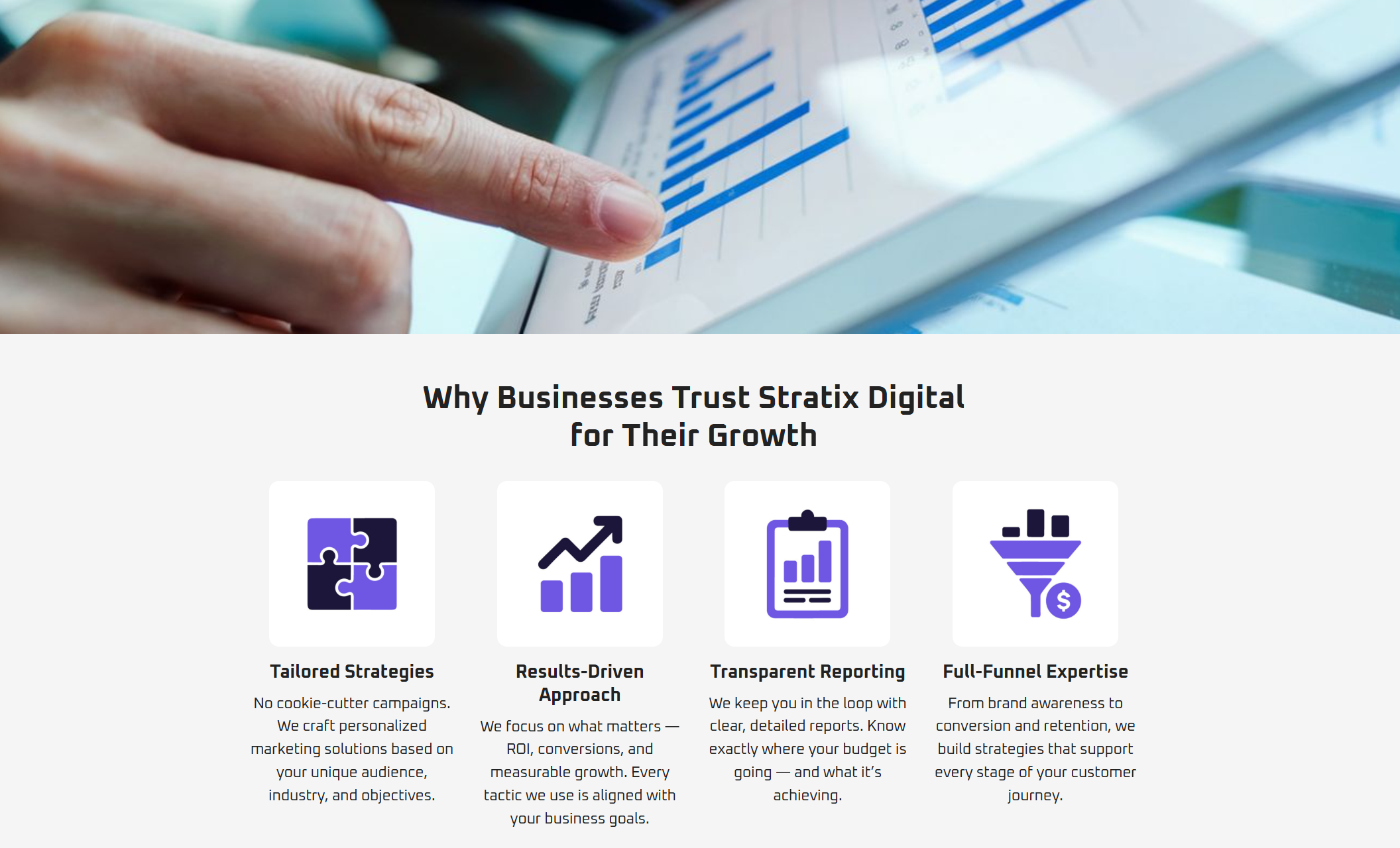 Stratix Digital results showcase section featuring four photos of professionals collaborating on laptops, analyzing charts, and presenting strategies on a whiteboard, beneath the headline “Where Vision Meets Execution — A Showcase of Real-World Results.”