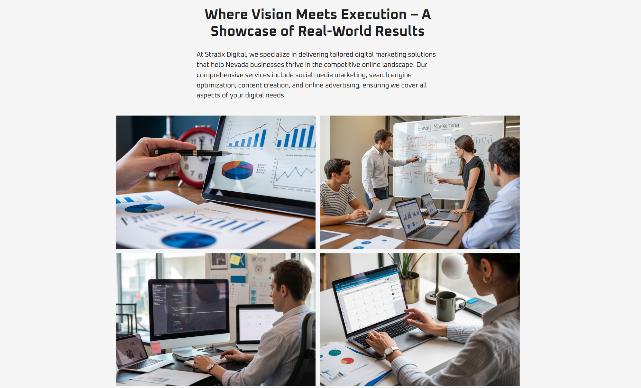 Stratix Digital trust section highlighting four purple icons — puzzle piece, chart, clipboard, and funnel — each representing tailored strategies, results-driven growth, transparent reporting, and full-funnel expertise, under the headline “Why Businesses Trust Stratix Digital for Their Growth.”