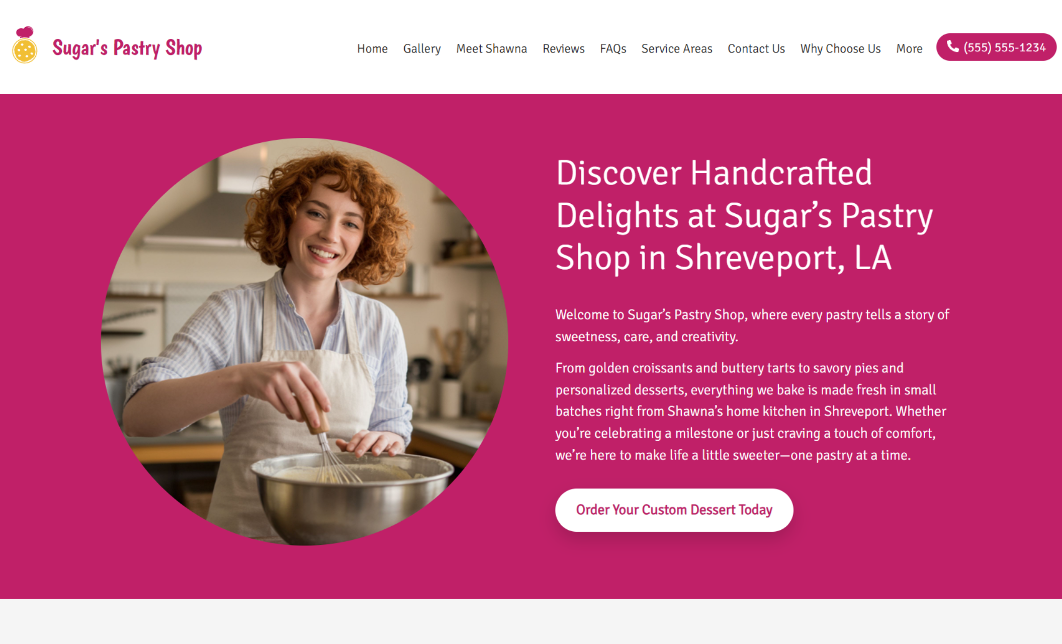 Homepage of Sugar’s Pastry Shop featuring a smiling red-haired baker whisking batter in a kitchen beside the headline “Discover Handcrafted Delights at Sugar’s Pastry Shop in Shreveport, LA” and a bright pink button that says “Order Your Custom Dessert Today.”