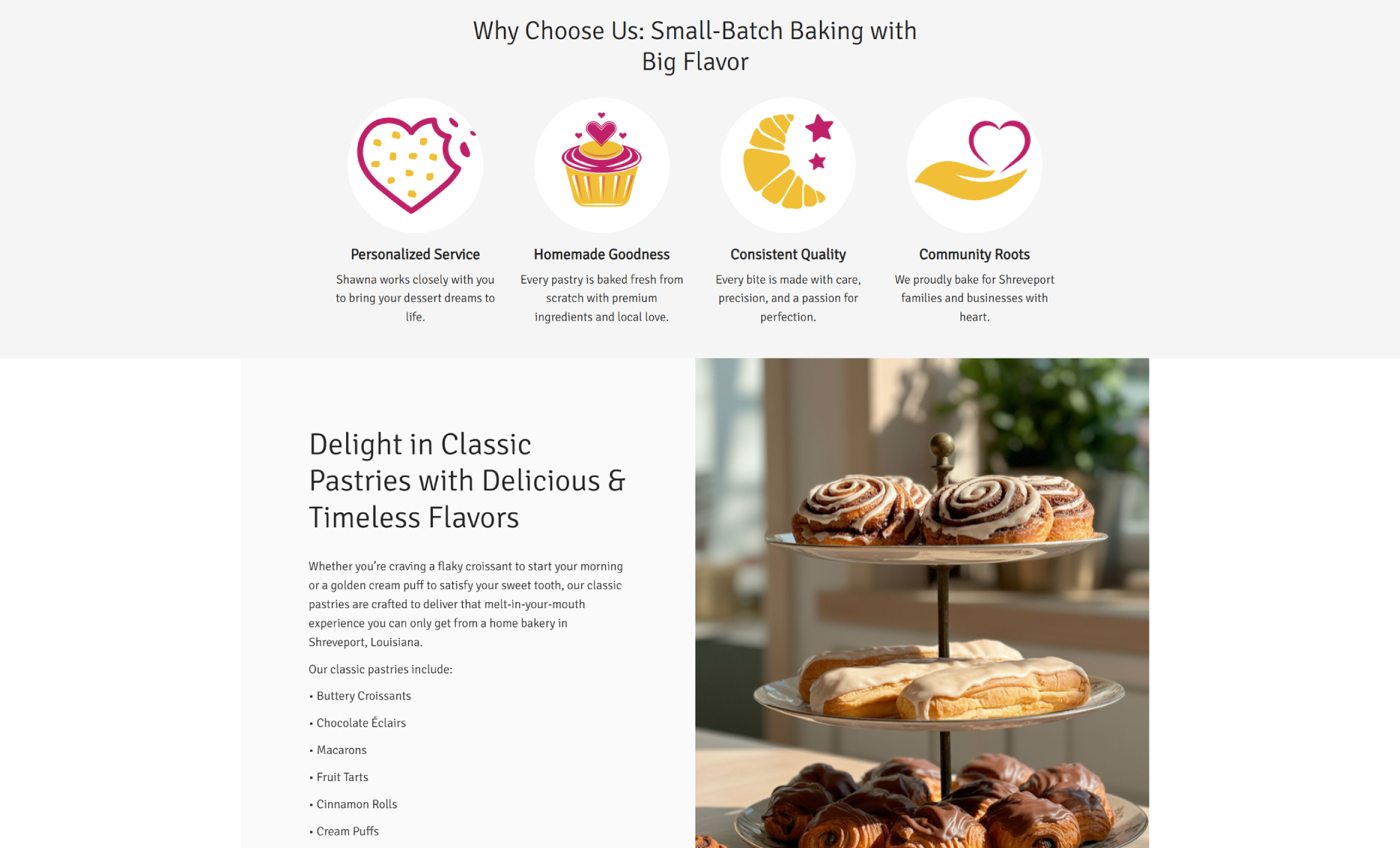 Interior section of Sugar’s Pastry Shop website showing four illustrated icons for service highlights above a two-column layout with text about classic pastries and a photo of cinnamon rolls stacked on a tiered tray