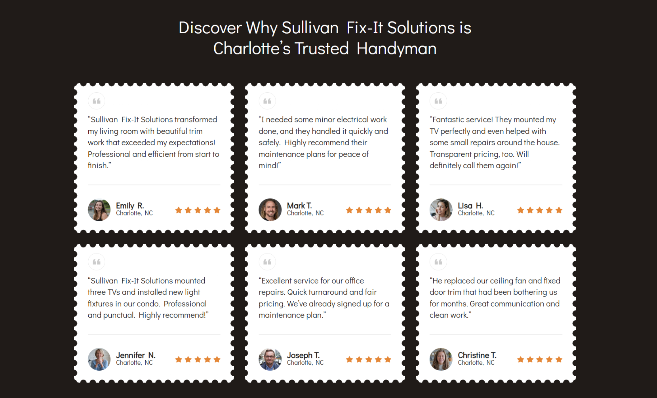 Sullivan Fix-It Solutions testimonials section titled “Discover Why Sullivan Fix-It Solutions is Charlotte’s Trusted Handyman,” showcasing multiple five-star customer reviews with names and profile photos