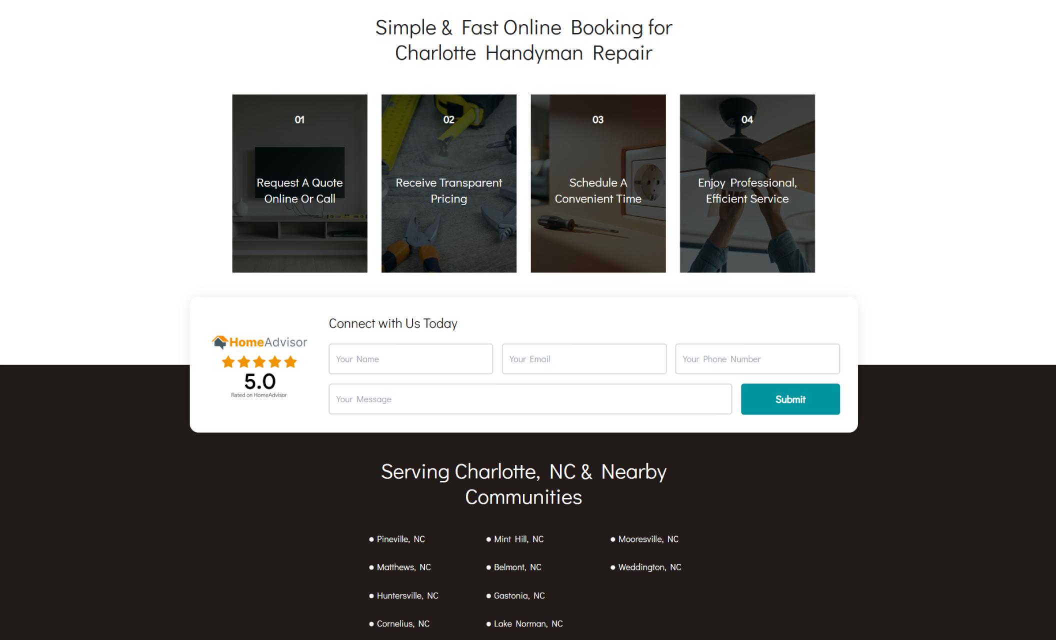 Sullivan Fix-It Solutions contact and service area section highlighting “Serving Charlotte, NC & Nearby Communities,” a HomeAdvisor 5.0 rating badge, and a contact form with name, email, phone, and message fields