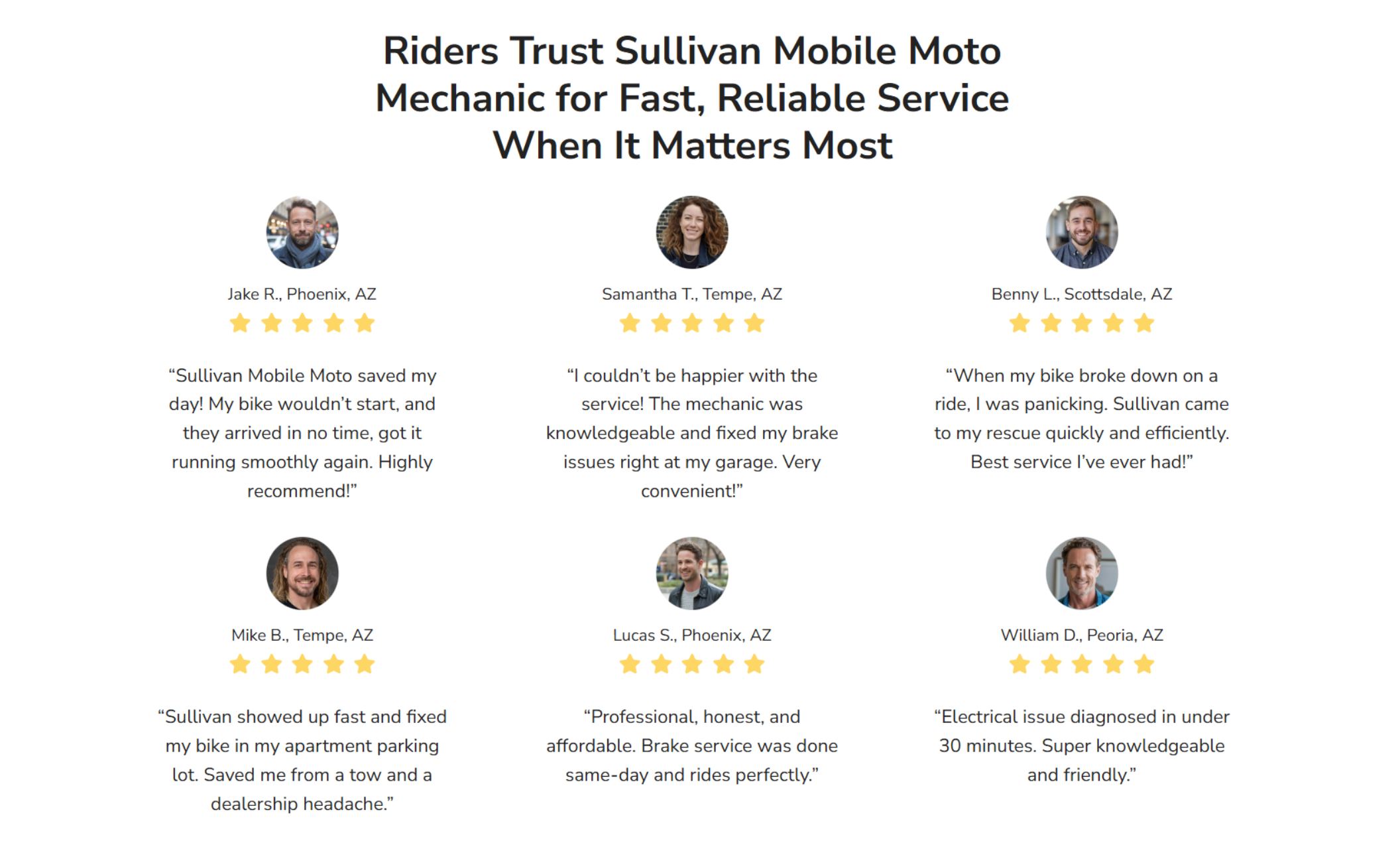 Customer review section titled “Riders Trust Sullivan Mobile Moto Mechanic for Fast, Reliable Service When It Matters Most,” featuring six rider testimonials with star ratings and location labels across Phoenix-area cities