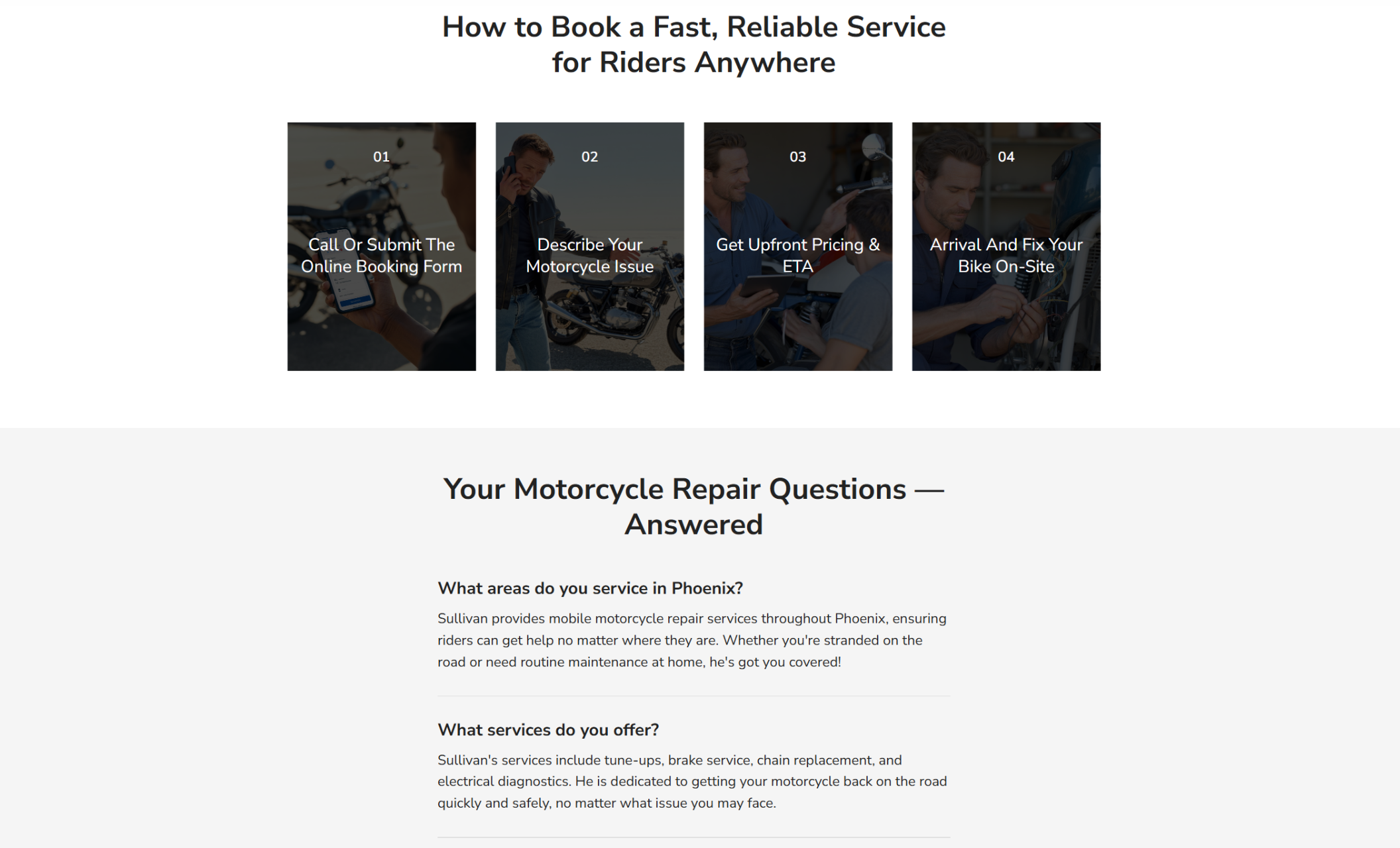 Step-by-step booking section titled “How to Book a Fast, Reliable Service for Riders Anywhere,” displaying four image cards outlining online booking, issue description, upfront pricing, and on-site motorcycle repair