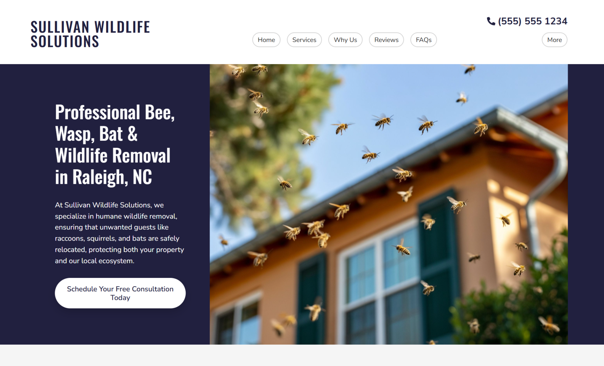 Sullivan Wildlife Solutions homepage featuring bees flying near a house roof beside the headline “Professional Bee, Wasp, Bat & Wildlife Removal in Raleigh, NC” and a button labeled “Schedule Your Free Consultation Today.”