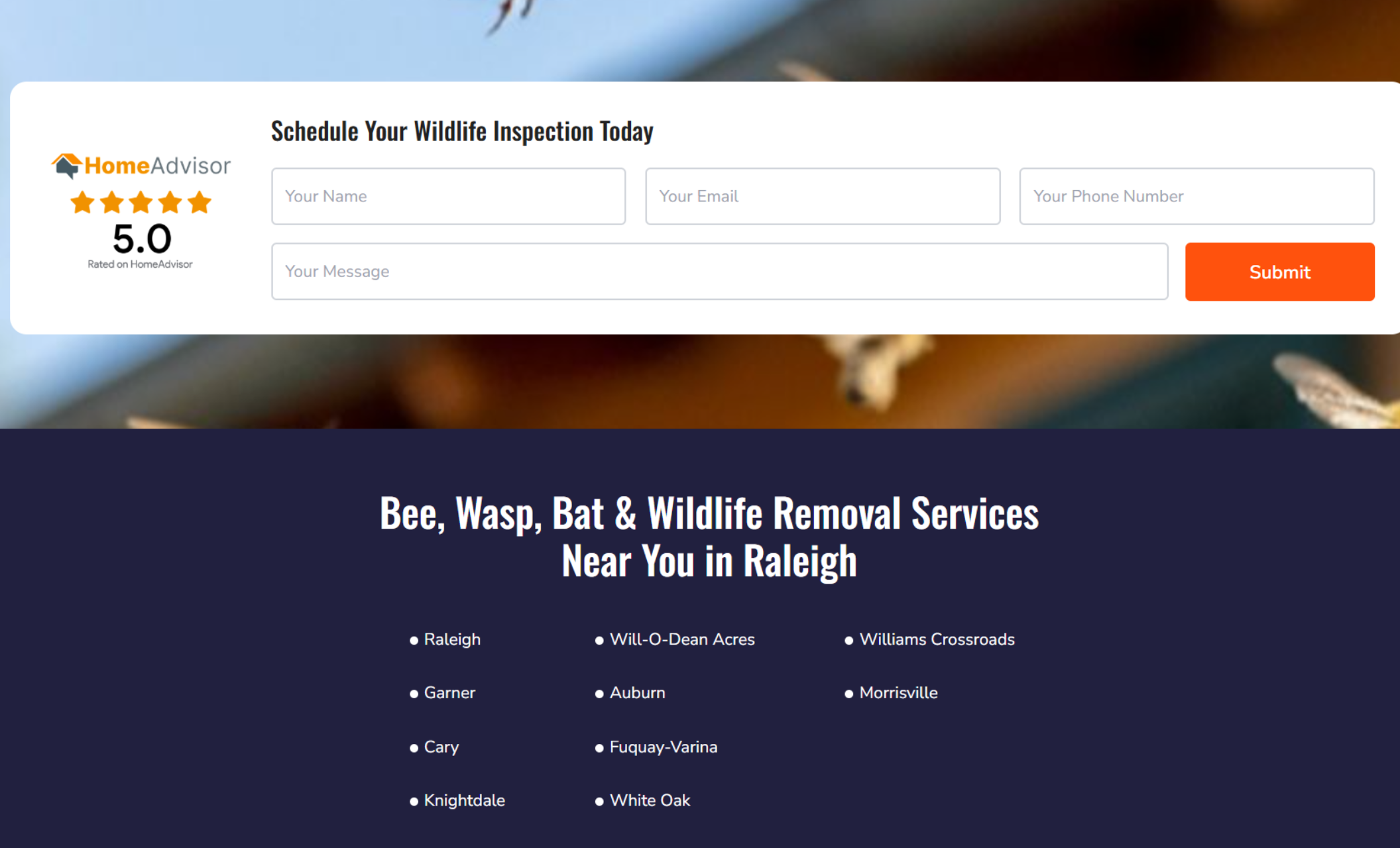 Contact section titled “Schedule Your Wildlife Inspection Today” with a five-star HomeAdvisor rating and a form requesting name, email, phone number, and message before submitting