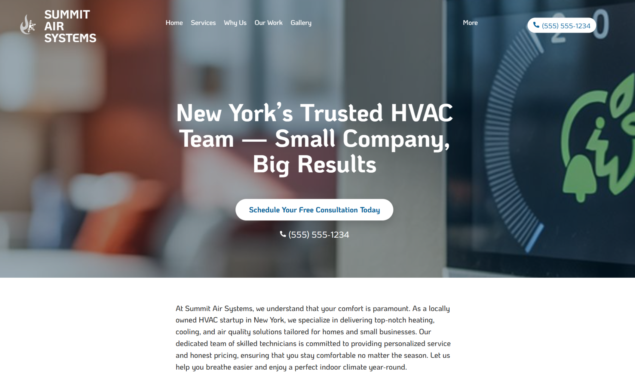 Summit Air Systems homepage with a large headline reading “New York’s Trusted HVAC Team — Small Company, Big Results” above a white call-to-action button that says “Schedule Your Free Consultation Today.”
