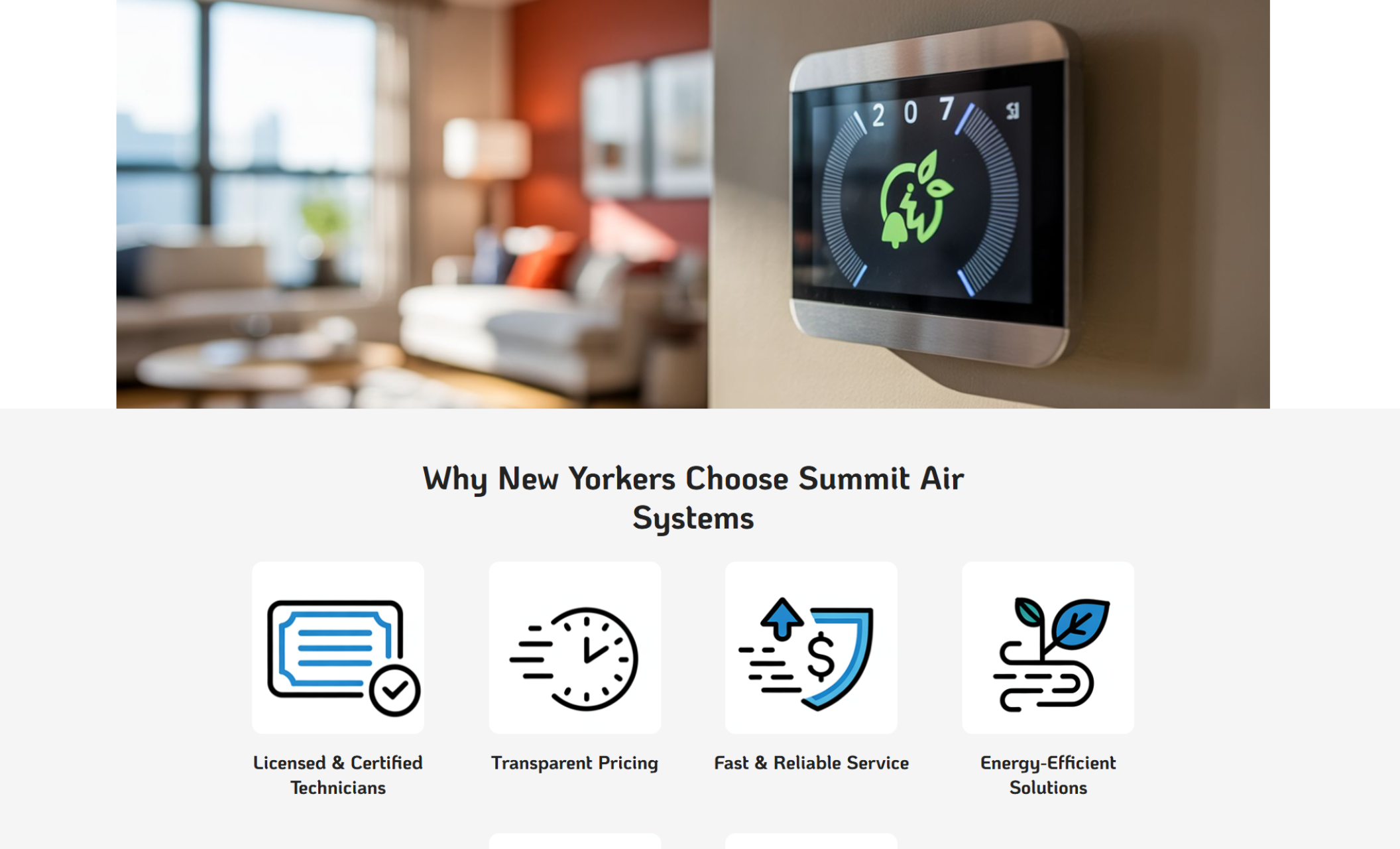 Summit Air Systems “Why Choose Us” section featuring six illustrated icons labeled Licensed & Certified Technicians, Transparent Pricing, Fast & Reliable Service, Energy-Efficient Solutions, Local NYC Expertise, and Customer Satisfaction Guarantee