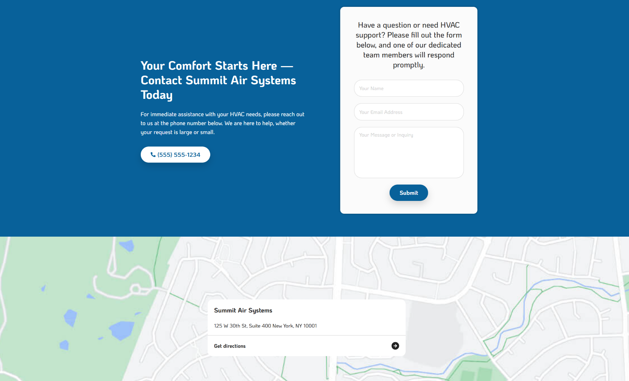 Summit Air Systems contact section with a blue background, headline “Your Comfort Starts Here — Contact Summit Air Systems Today,” a phone number in a white button, and a customer inquiry form displayed next to an embedded map