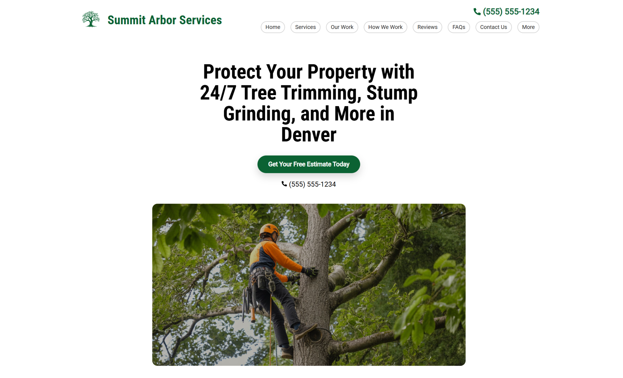 Summit Arbor Services homepage featuring a climber in safety gear trimming a large tree, with the bold headline “Protect Your Property with 24/7 Tree Trimming, Stump Grinding, and More in Denver” and a green booking button