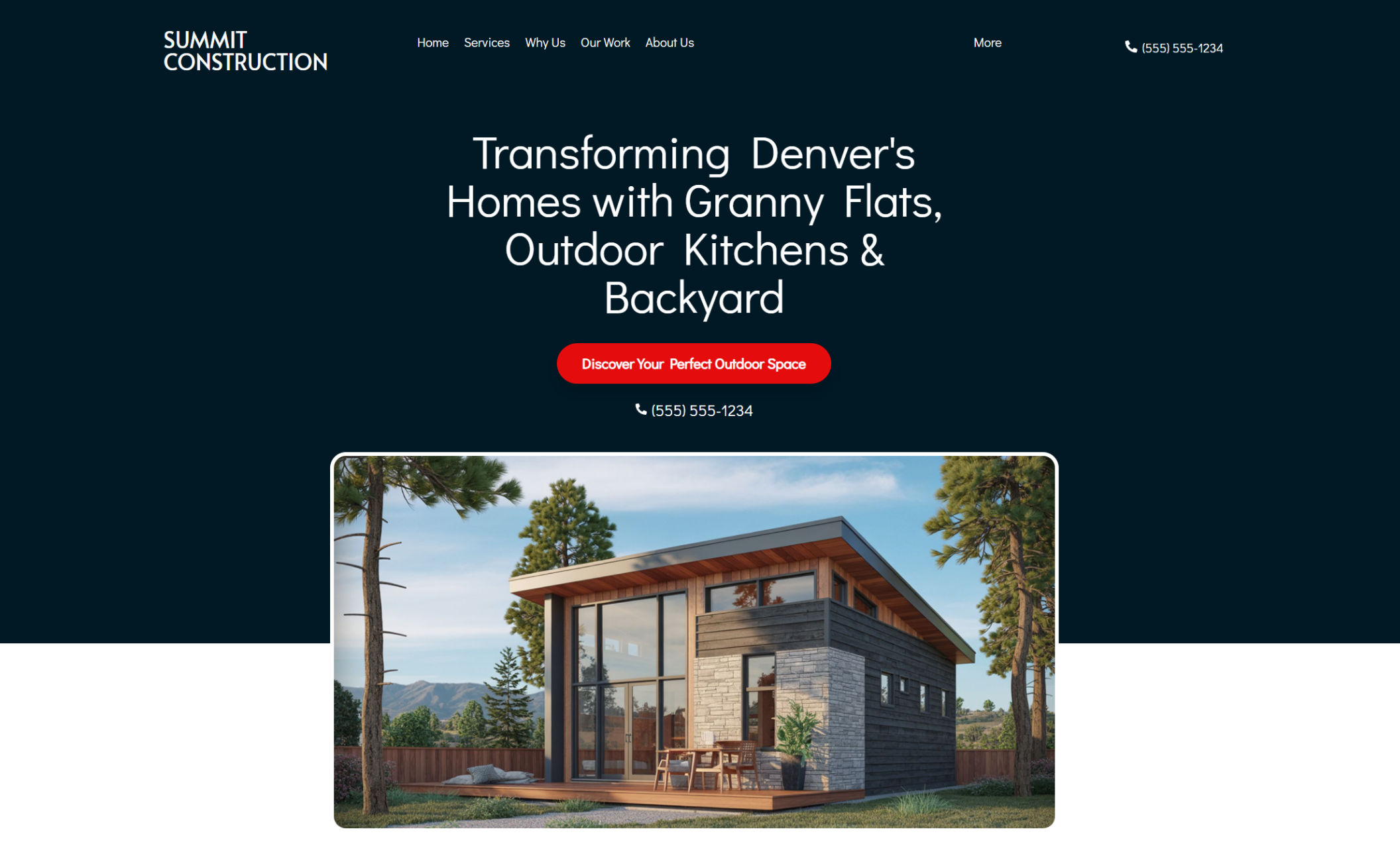 Summit Construction homepage hero section showing a modern ADU with wood and stone siding framed by trees, beside the headline “Transforming Denver’s Homes with Granny Flats, Outdoor Kitchens & Backyard” and a red button that says “Discover Your Perfect Outdoor Space.”