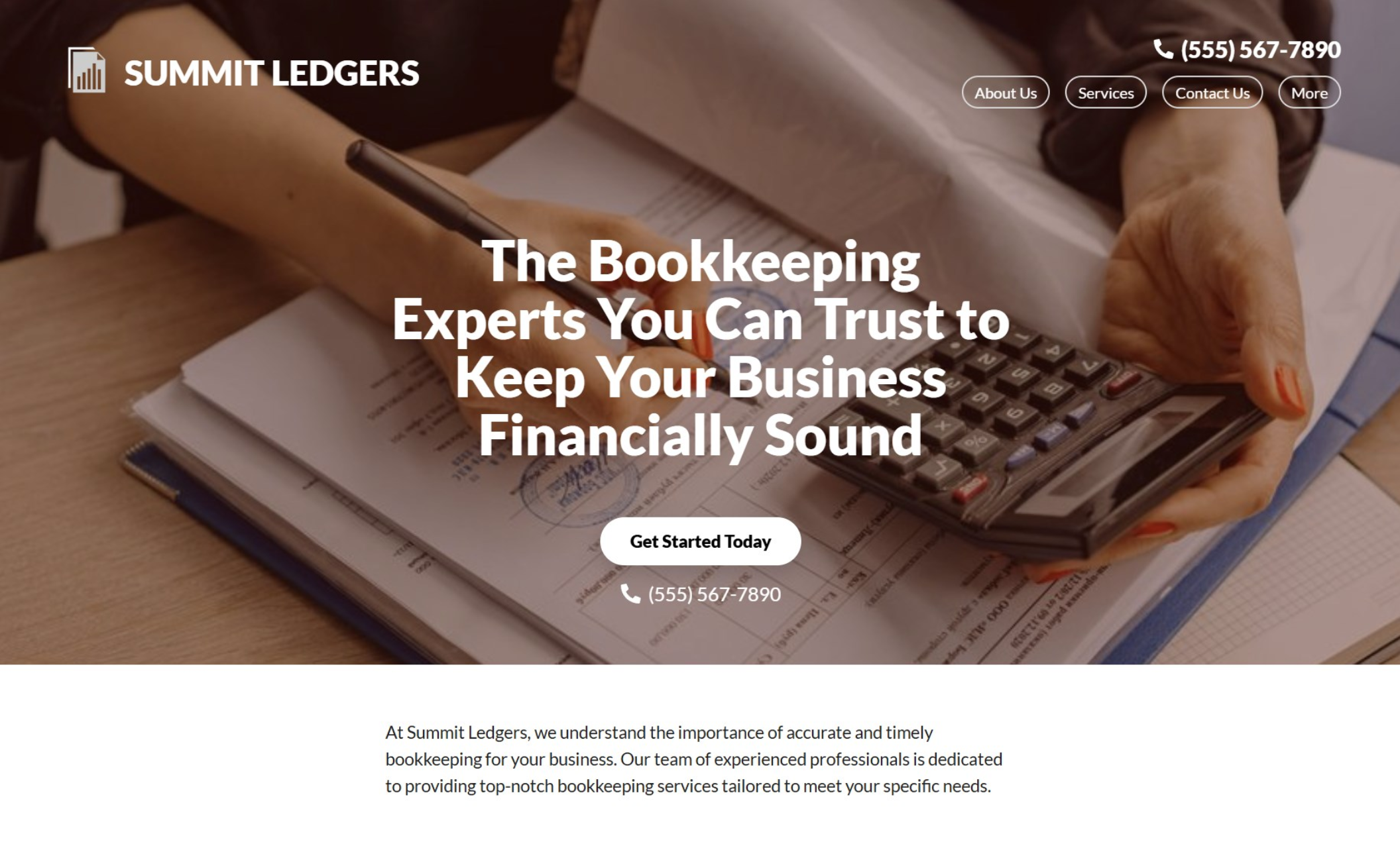 Summit Ledgers landing page with floating menu, contact number, and headline about trusted bookkeeping services set against an image of someone reviewing a financial document