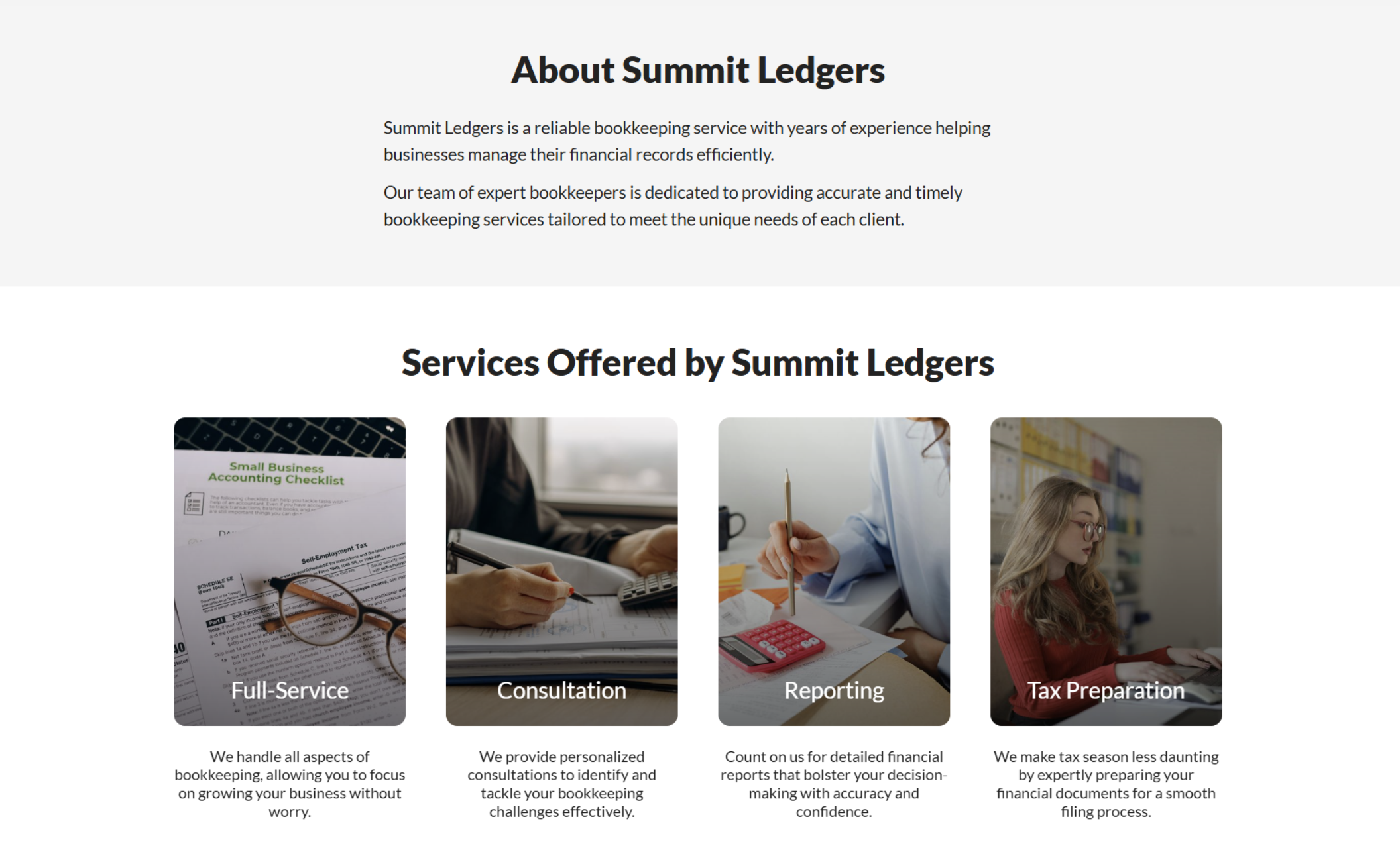 Summit Ledgers' about section above four service tiles, each with a description and corresponding image