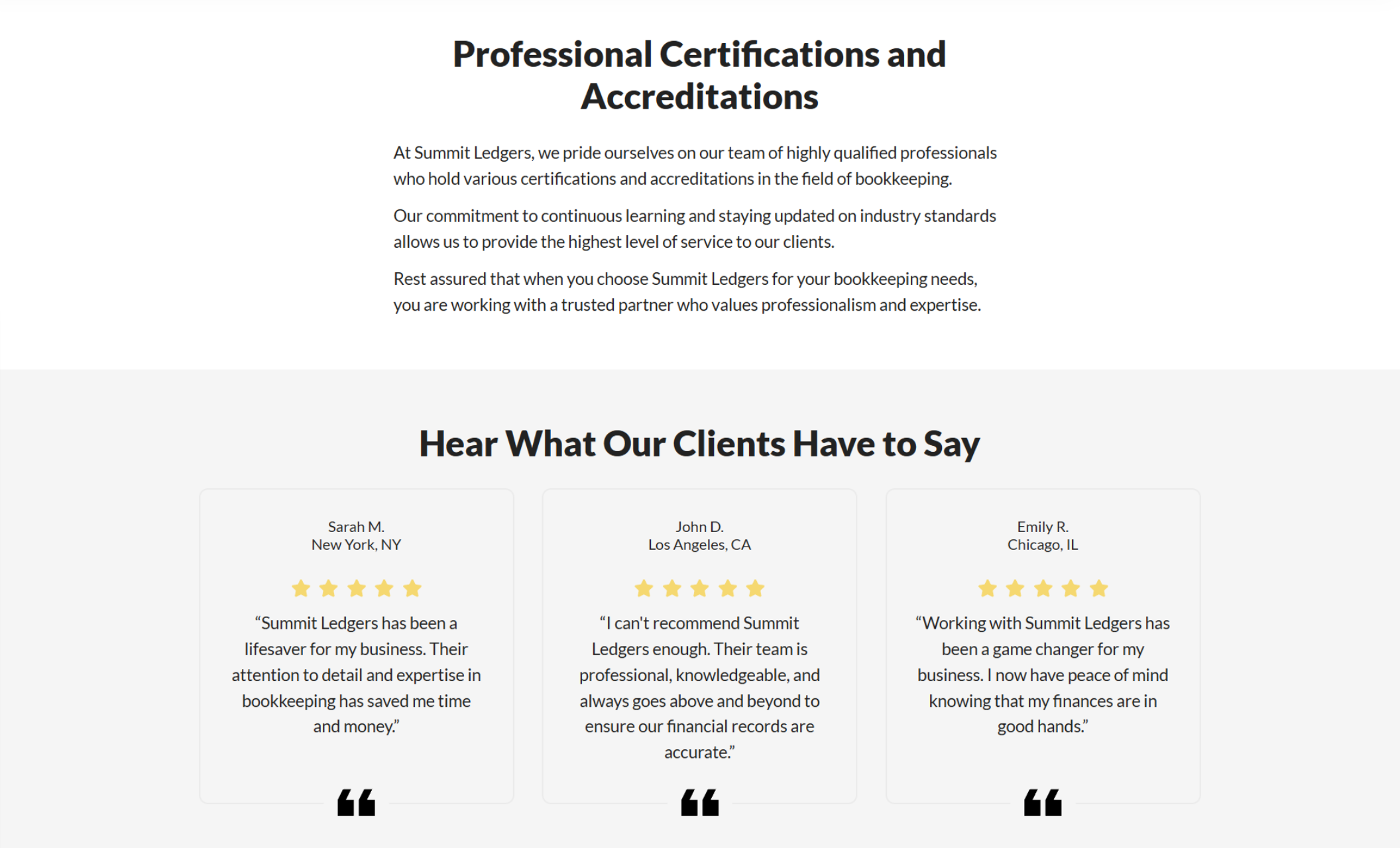 "Professional Certifications and Accreditations" section above a testimonials section with three 5-star reviews
