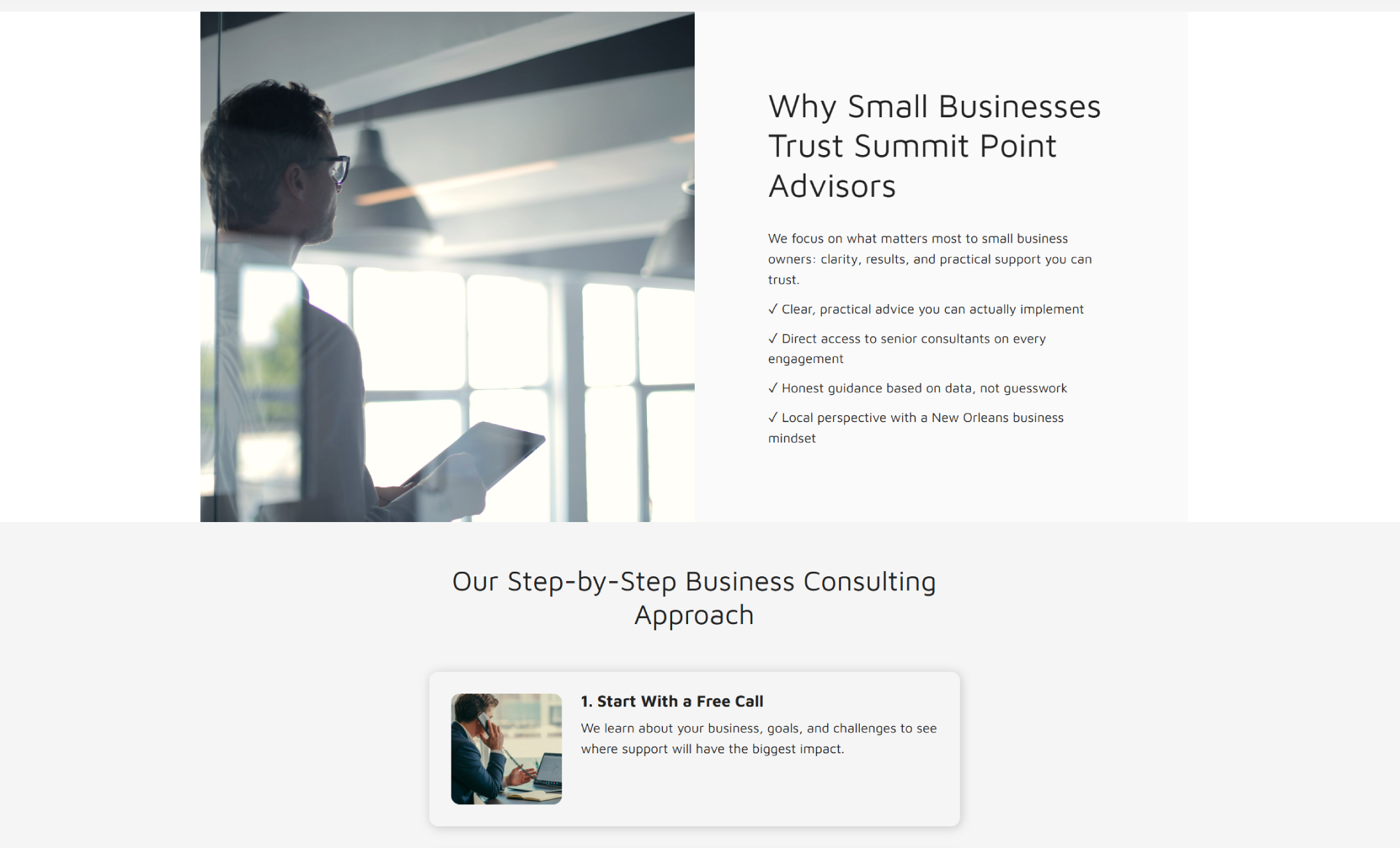 Summit Point Advisors trust section featuring a professional looking out a window while holding a tablet next to the headline “Why Small Businesses Trust Summit Point Advisors” with a checklist of consulting benefits