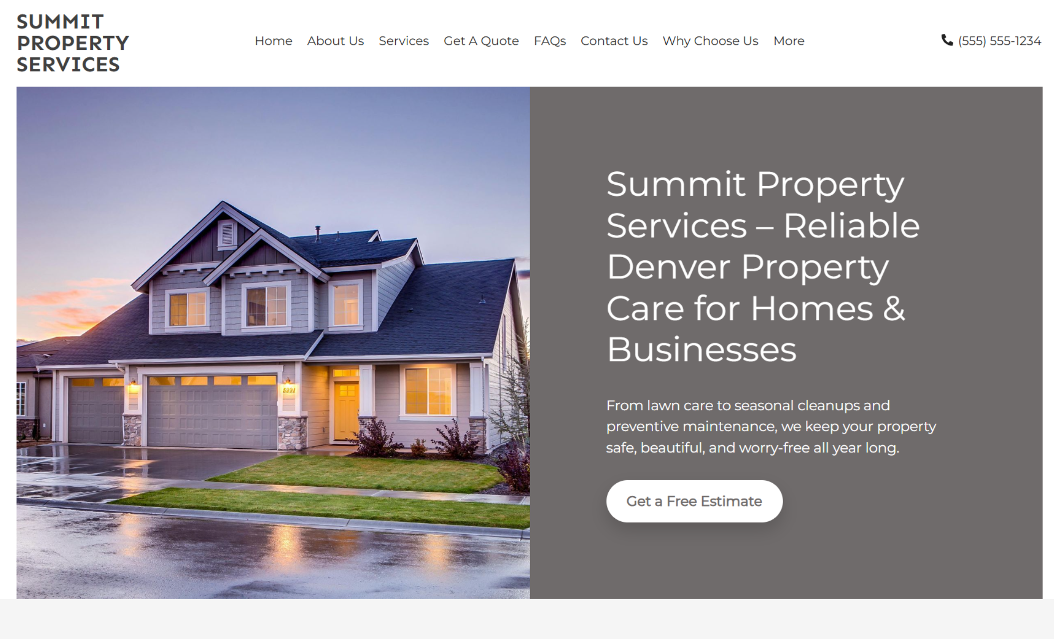 Summit Property Services homepage featuring a twilight photo of a suburban home with headline text introducing “Reliable Denver Property Care for Homes & Businesses” and a button that invites users to get a free estimate