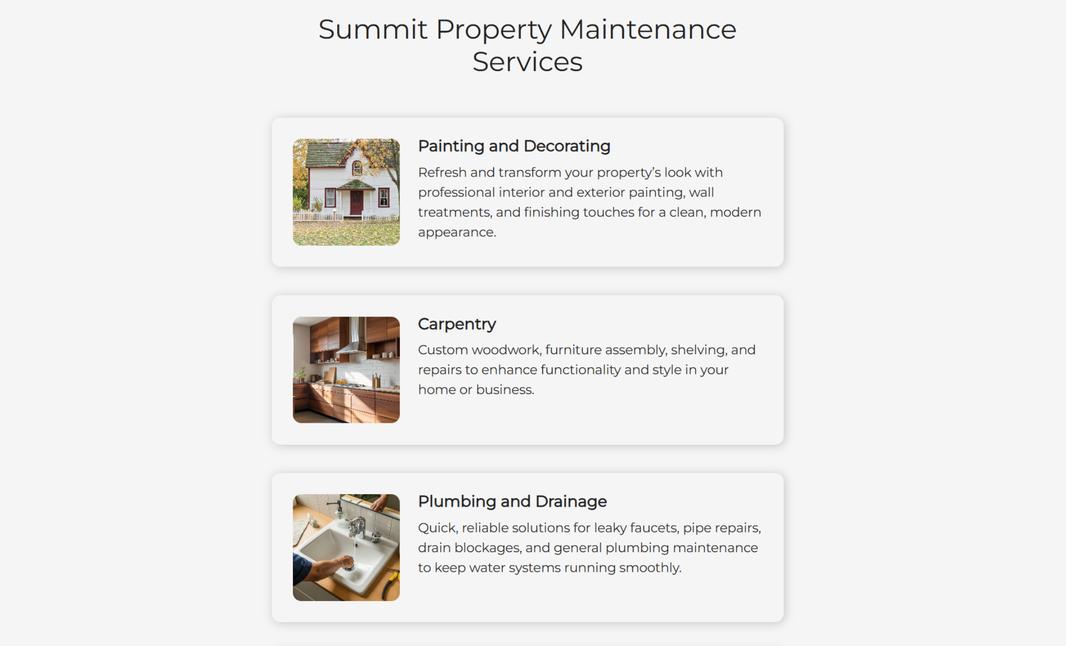 Summit Property Services offerings section displaying three white service cards labeled “Painting and Decorating,” “Carpentry,” and “Plumbing and Drainage,” each with a representative photo and short service description