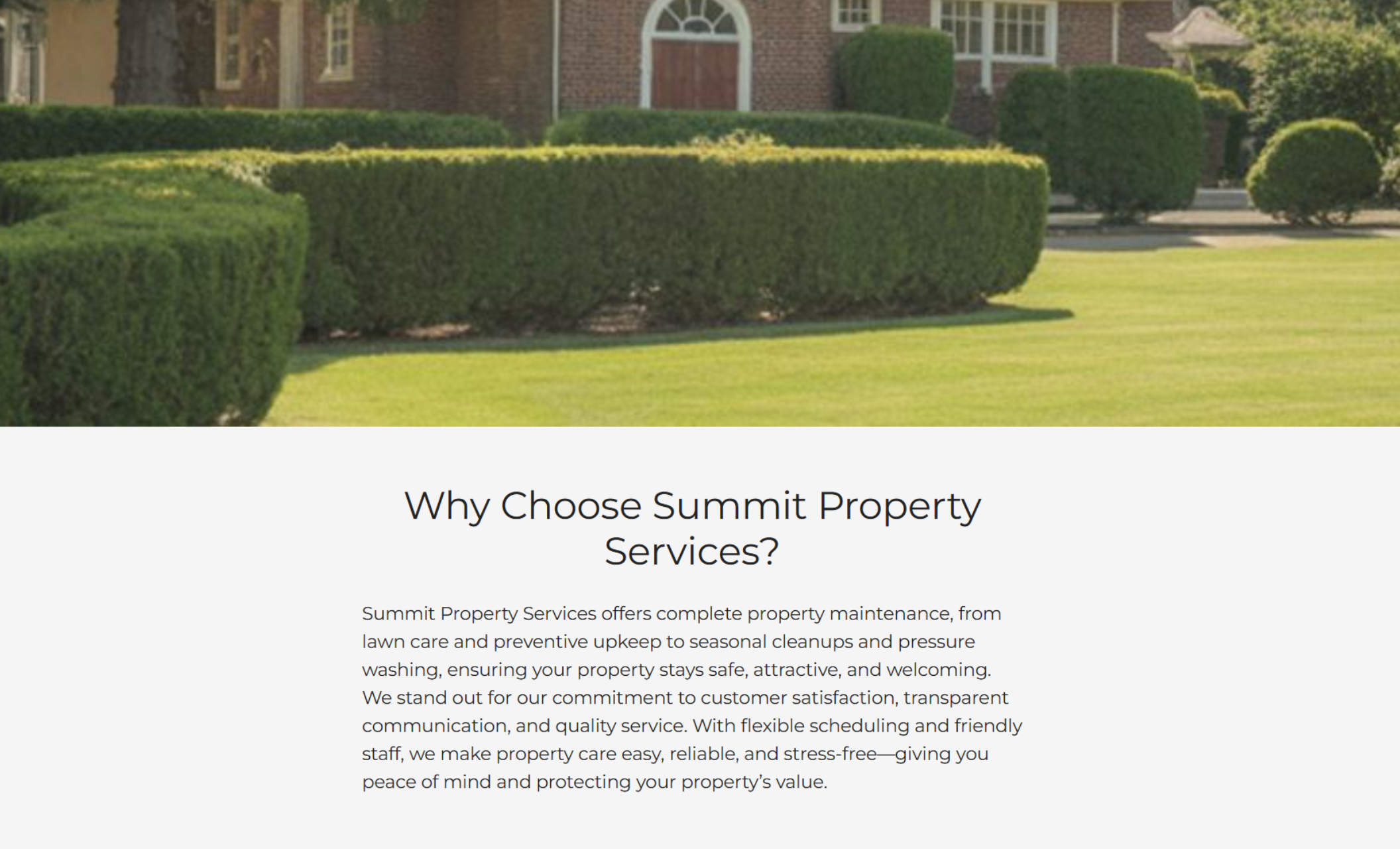 Summit Property Services services page showing a manicured front lawn and hedge with the headline “Why Choose Summit Property Services?” followed by a paragraph outlining the business’s strengths in reliability and service