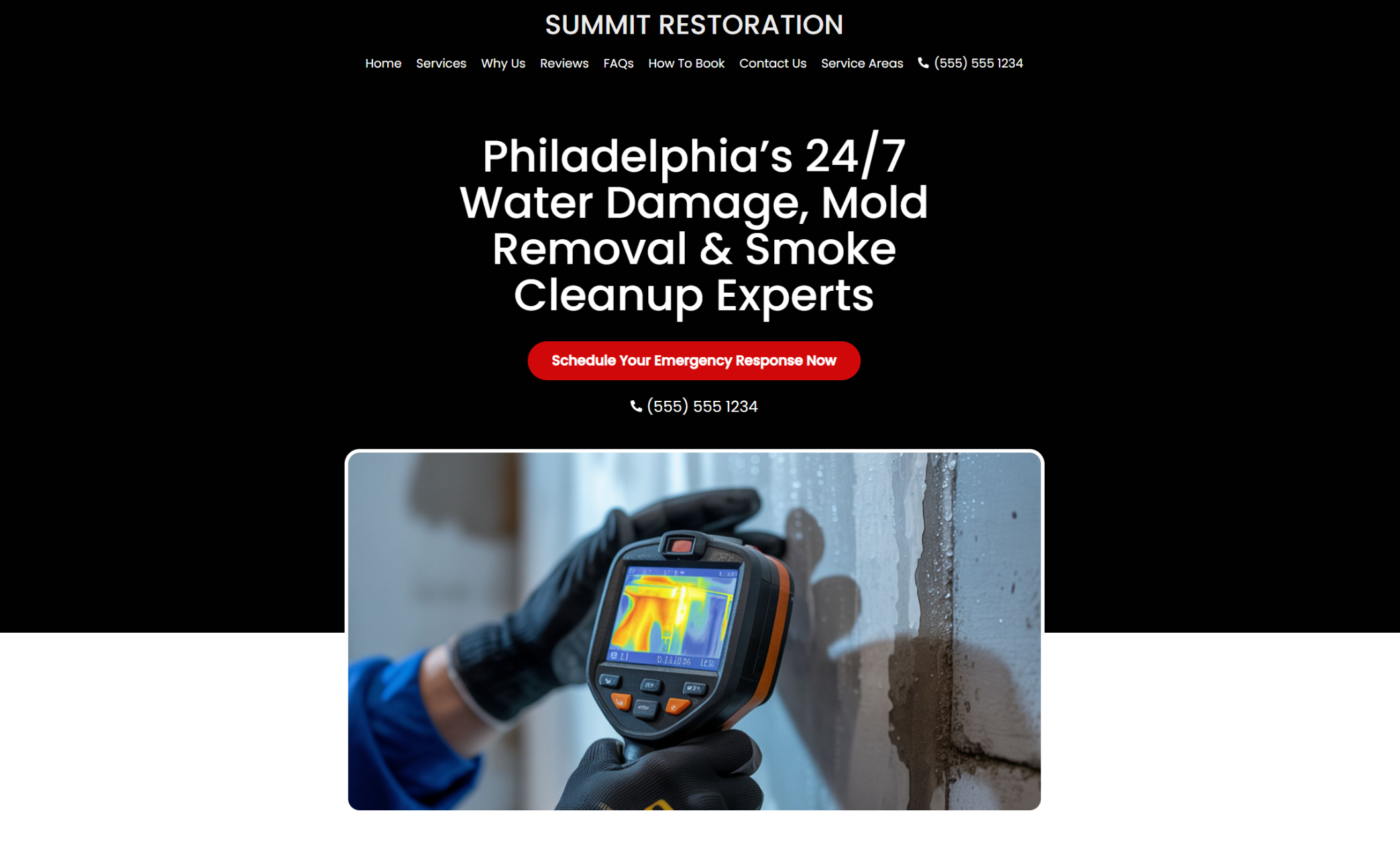 Summit Restoration homepage with a dark background featuring the headline “Philadelphia’s 24/7 Water Damage, Mold Removal & Smoke Cleanup Experts” above a thermal moisture detection image and emergency response button