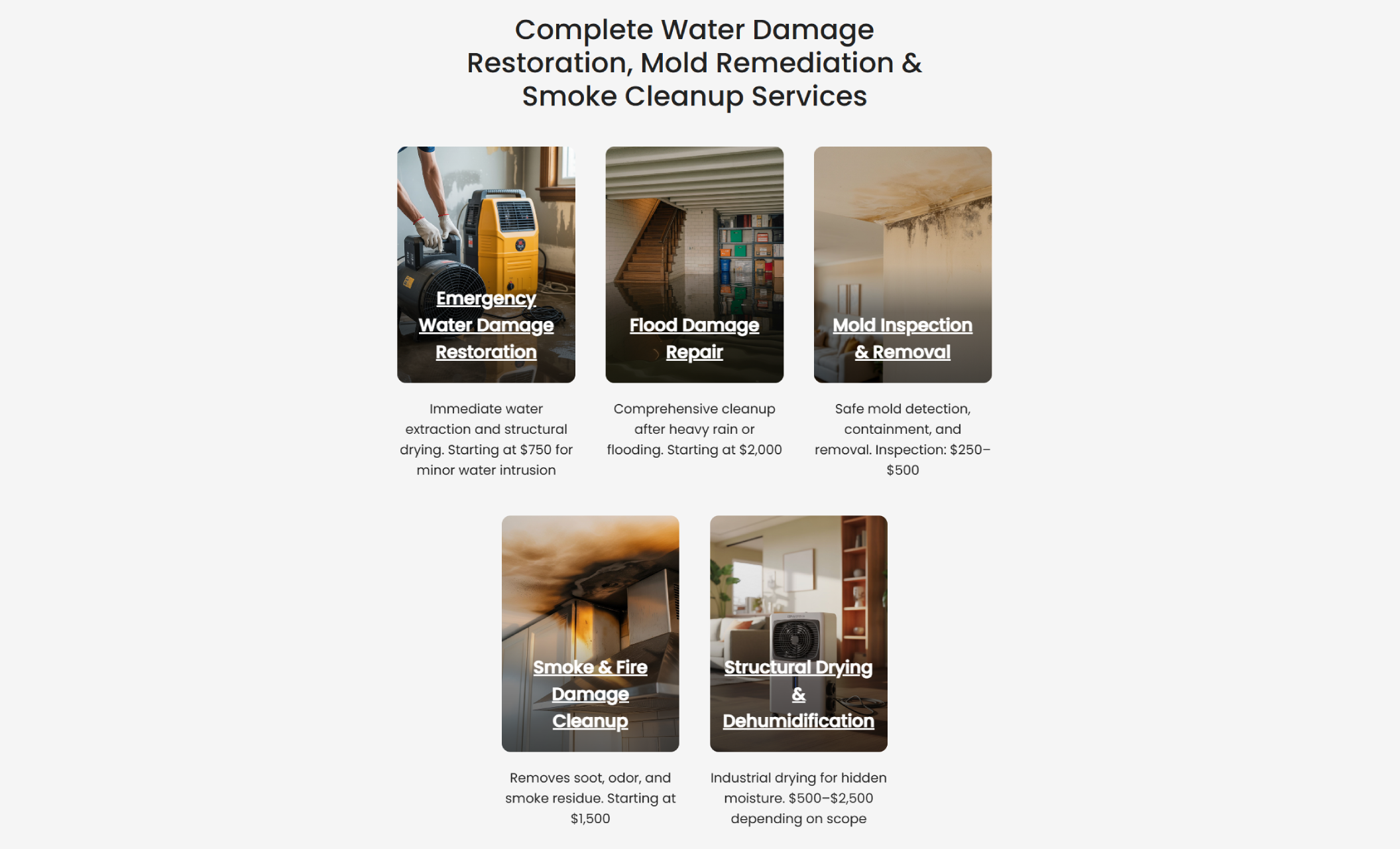 Summit Restoration services section titled “Complete Water Damage Restoration, Mold Remediation & Smoke Cleanup Services,” featuring cards for emergency water damage restoration, flood repair, mold inspection, fire cleanup, and structural drying