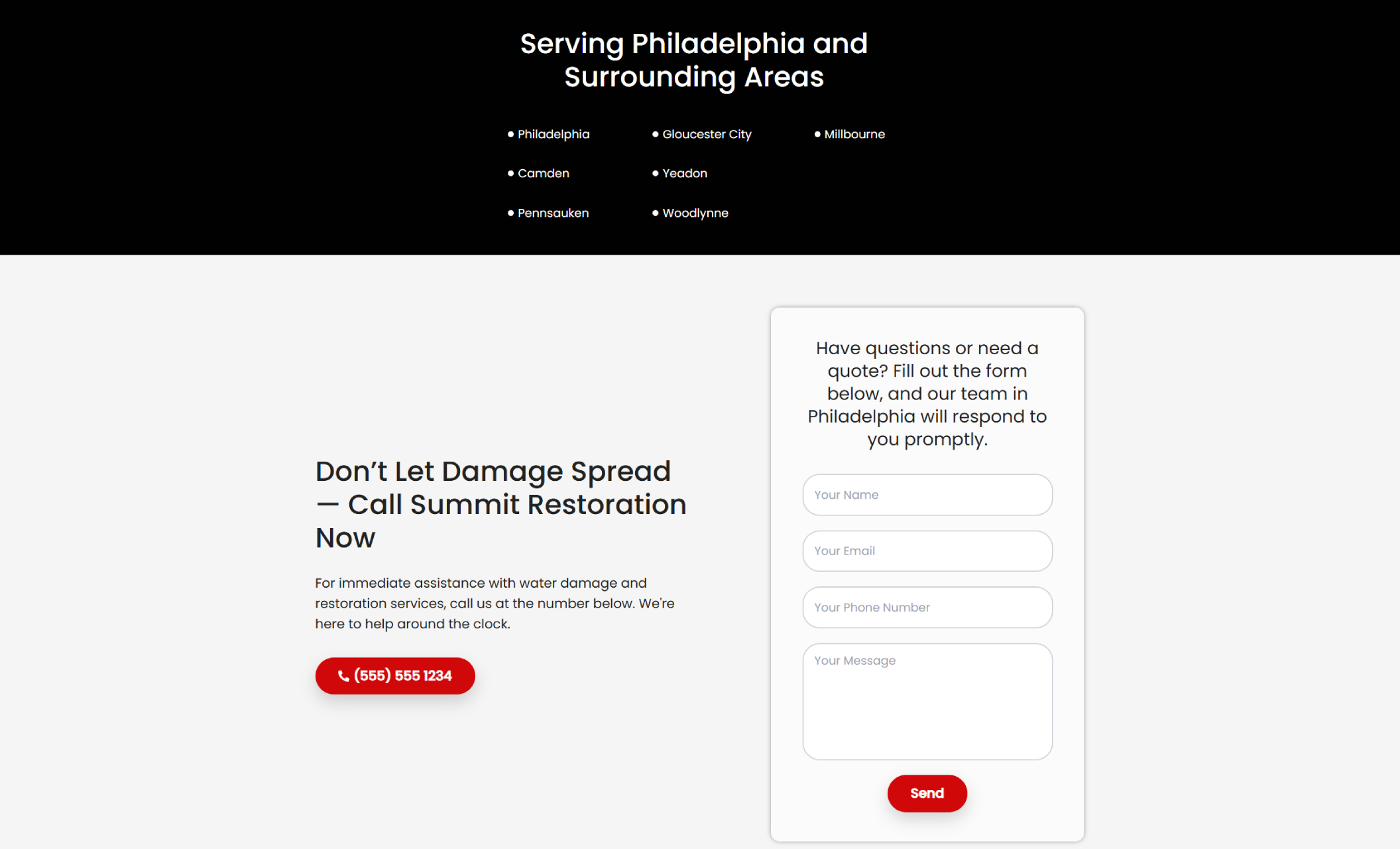 Summit Restoration contact section titled “Don’t Let Damage Spread — Call Summit Restoration Now,” displaying a red phone button, service area list for Philadelphia, and a contact form