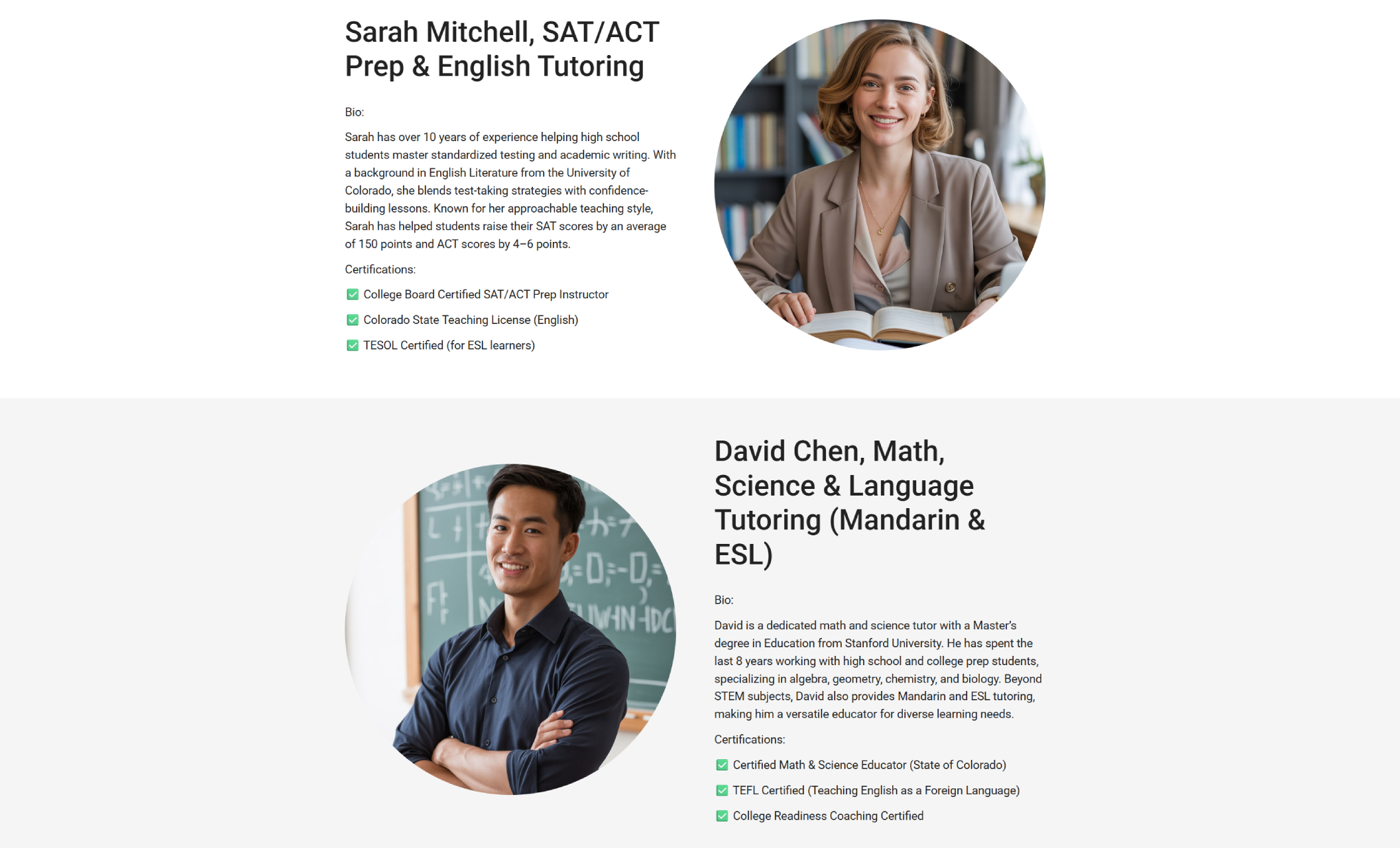 Summit Scholars tutor bio section highlighting Sarah Mitchell and David Chen with circular headshots—Sarah smiling while holding a book, and David standing confidently in front of a chalkboard—next to text detailing their certifications and tutoring expertise