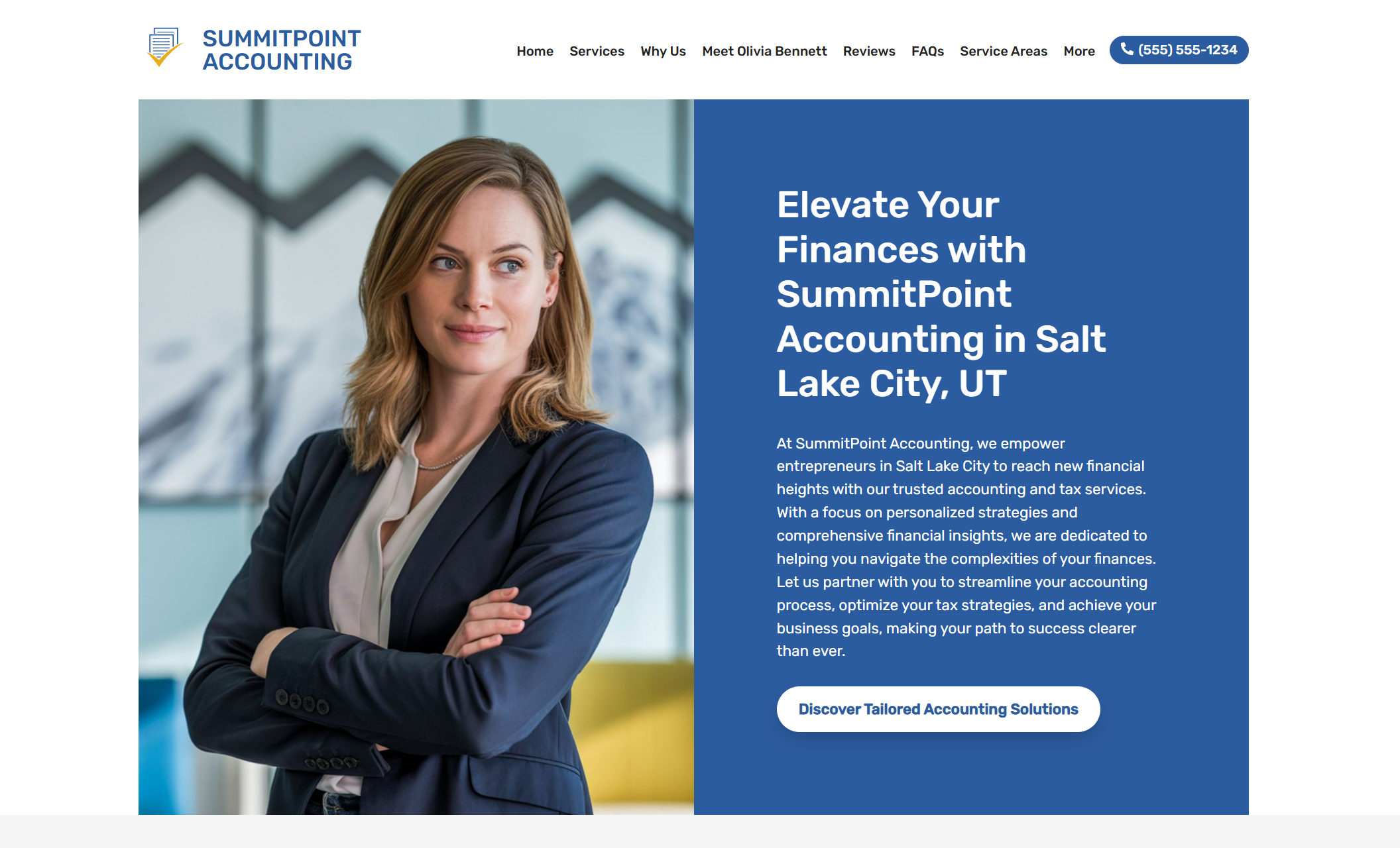 SummitPoint Accounting homepage featuring Olivia Bennett confidently posing in a navy blazer beside a large blue headline reading “Elevate Your Finances with SummitPoint Accounting in Salt Lake City, UT”
