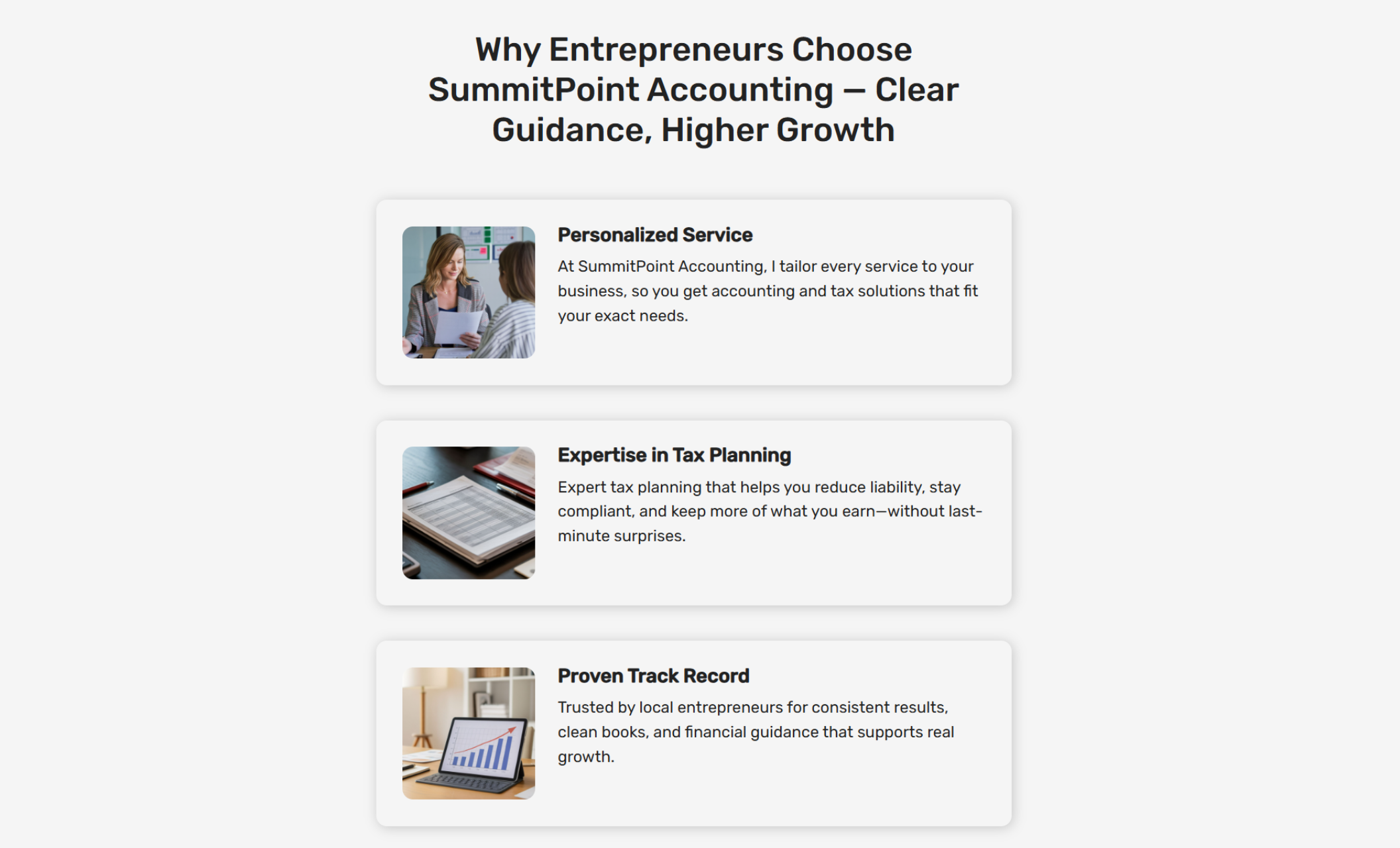 SummitPoint Accounting service benefits section showing three image-and-text cards under the headline “Why Entrepreneurs Choose SummitPoint Accounting — Clear Guidance, Higher Growth,” highlighting personalized service, tax planning expertise, and a strong track record