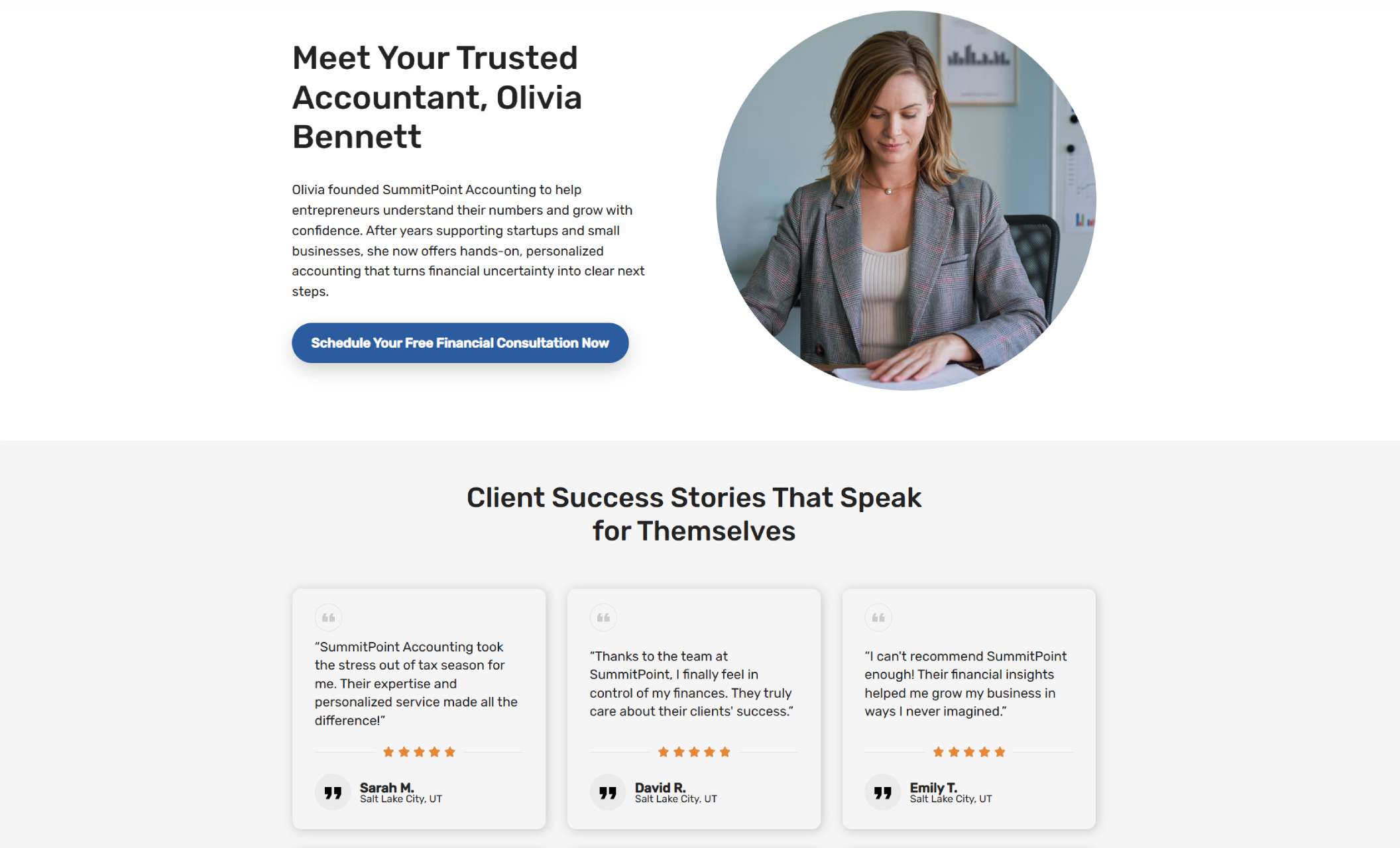 SummitPoint Accounting profile section featuring accountant Olivia Bennett reviewing documents at her desk, beside a headline introducing her as a trusted financial expert and a blue button labeled “Schedule Your Free Financial Consultation Now.”