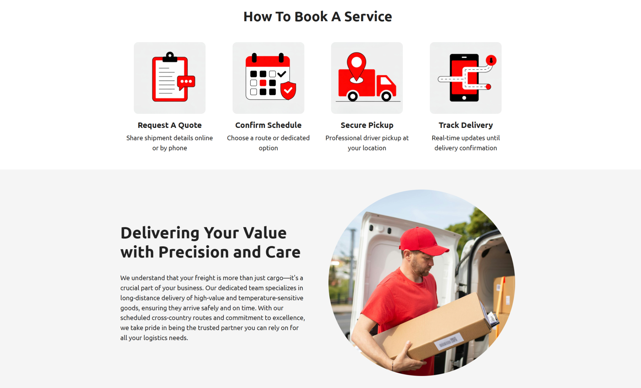SummitWay Transport informational section featuring a delivery driver unloading a box from a van beside the heading “Delivering Your Value with Precision and Care” and descriptive text about long-distance freight reliability