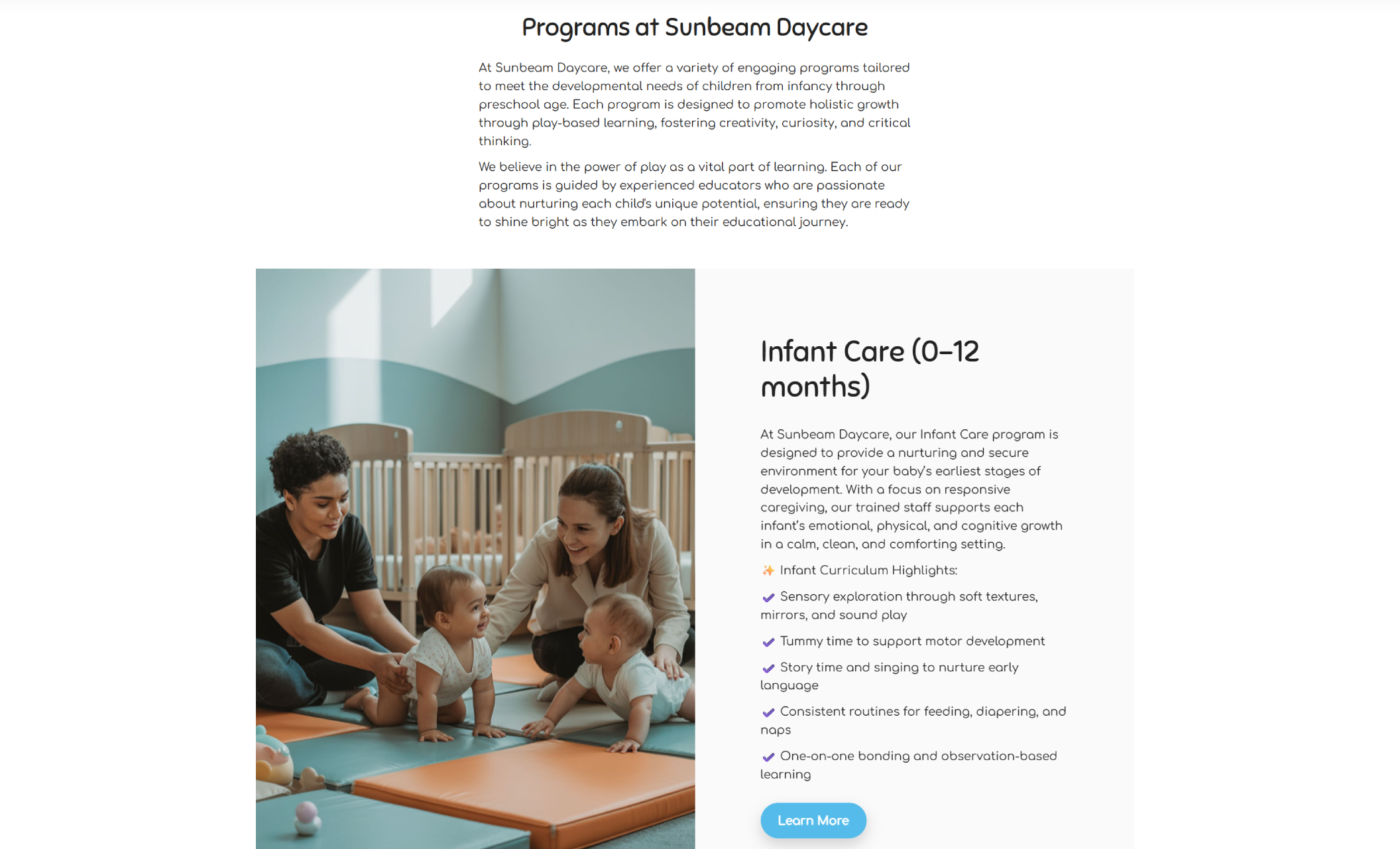 Sunbeam Daycare programs section showing two teachers engaging with infants on colorful mats in a bright nursery, alongside a description and curriculum highlights for the Infant Care program (0–12 months) with a blue “Learn More” button