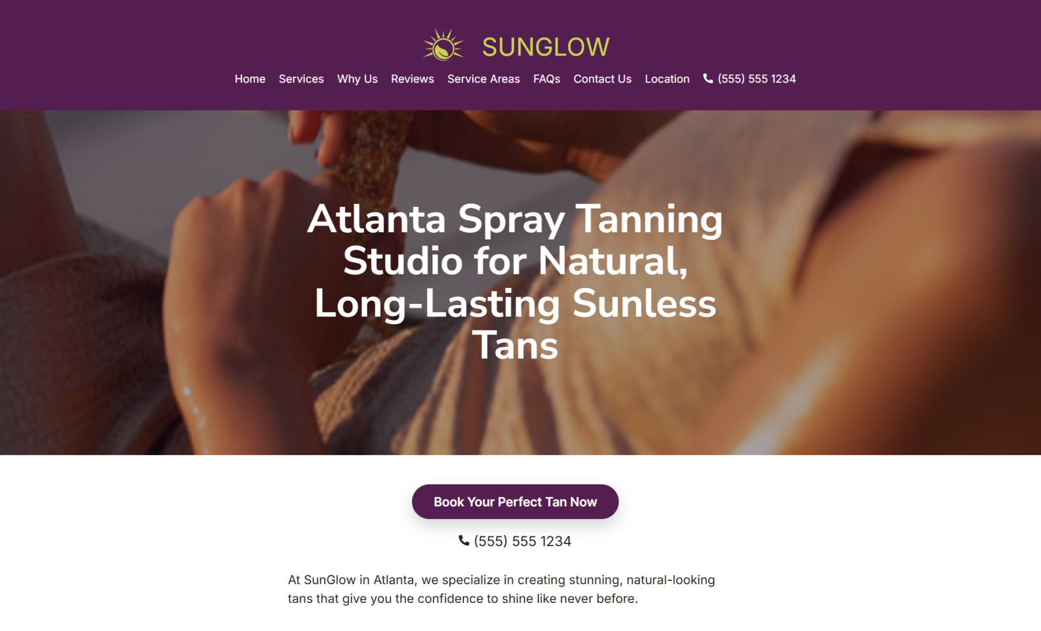 SunGlow homepage hero featuring a sunlit model with bronzed skin alongside the headline “Atlanta Spray Tanning Studio for Natural, Long-Lasting Sunless Tans,” a “Book Your Perfect Tan Now” button, and contact phone number