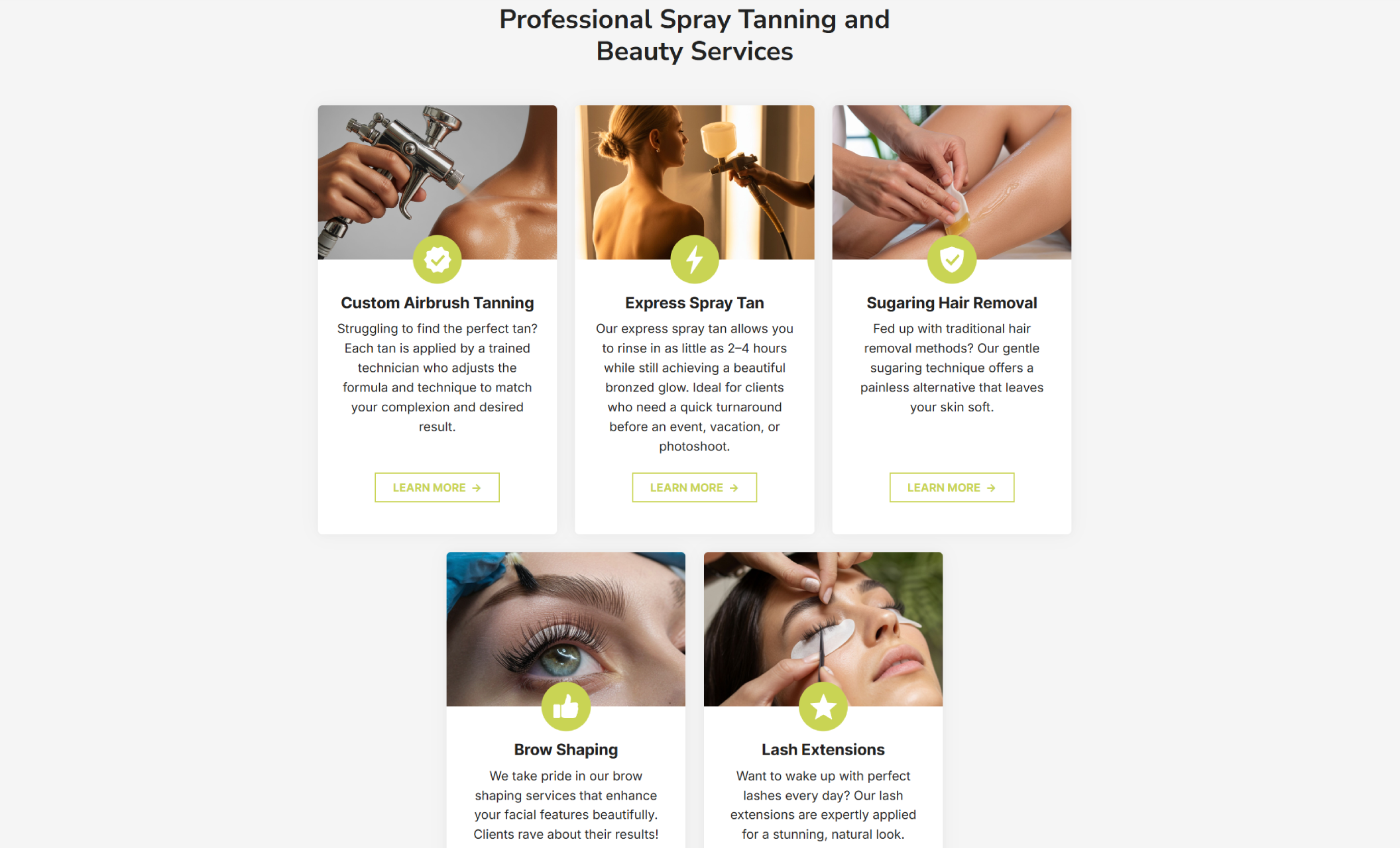 Professional spray tanning and beauty services section featuring cards for custom airbrush spray tan, express spray tan, sugaring hair removal, brow shaping, and lash extensions with supporting images and descriptions