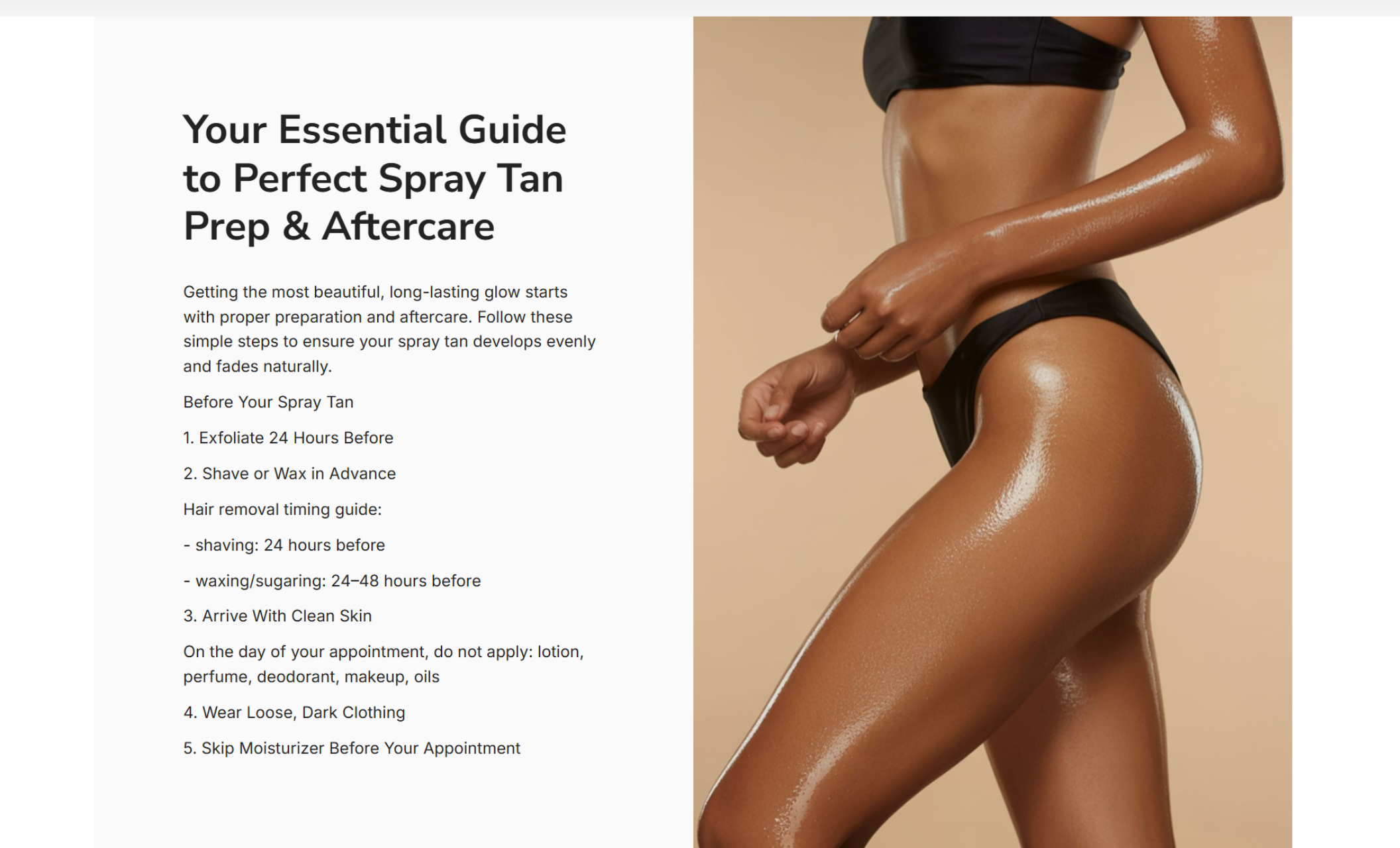 SunGlow spray tan prep and aftercare guide page showing a glowing model in a black bikini beside step-by-step instructions for spray tan prep, including exfoliation, shaving timing, and skincare tips