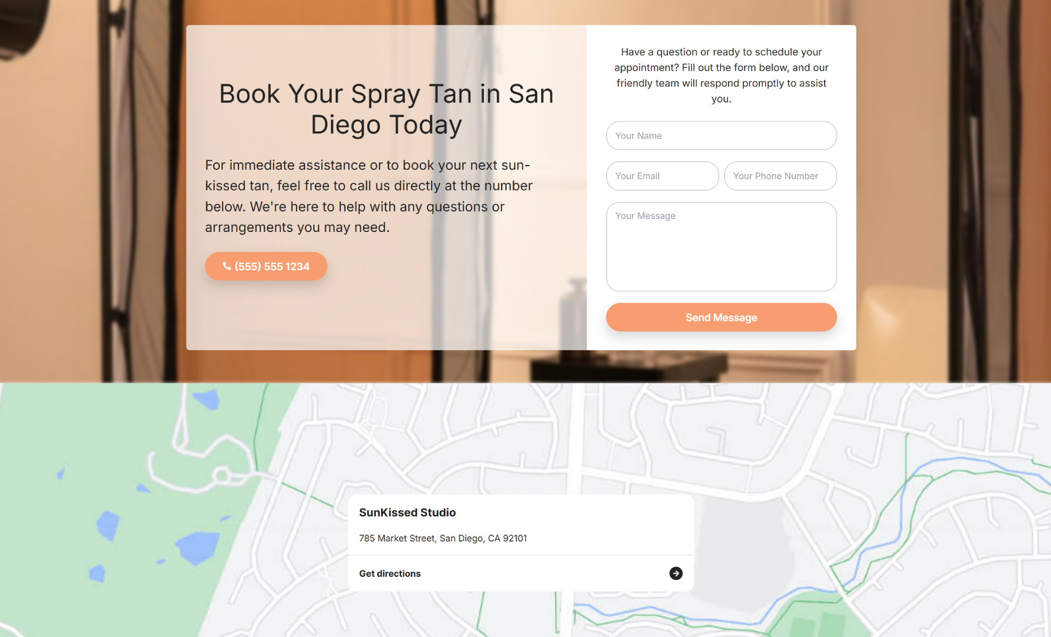 SunKissed Studio booking section featuring the headline “Book Your Spray Tan in San Diego Today,” a contact form, phone number button, and a map showing the studio’s location on Market Street