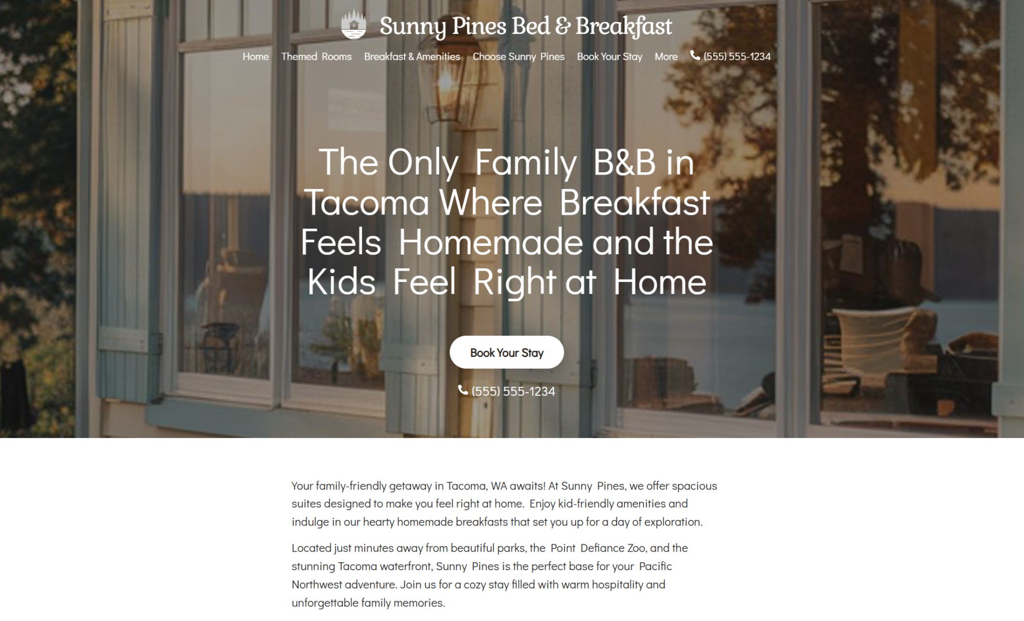 Sunny Pines website showing a cozy front porch with teal shutters and wicker seating overlooking a lake at sunset beside the welcoming headline “Your Peaceful Escape Starts Here” and a teal booking button