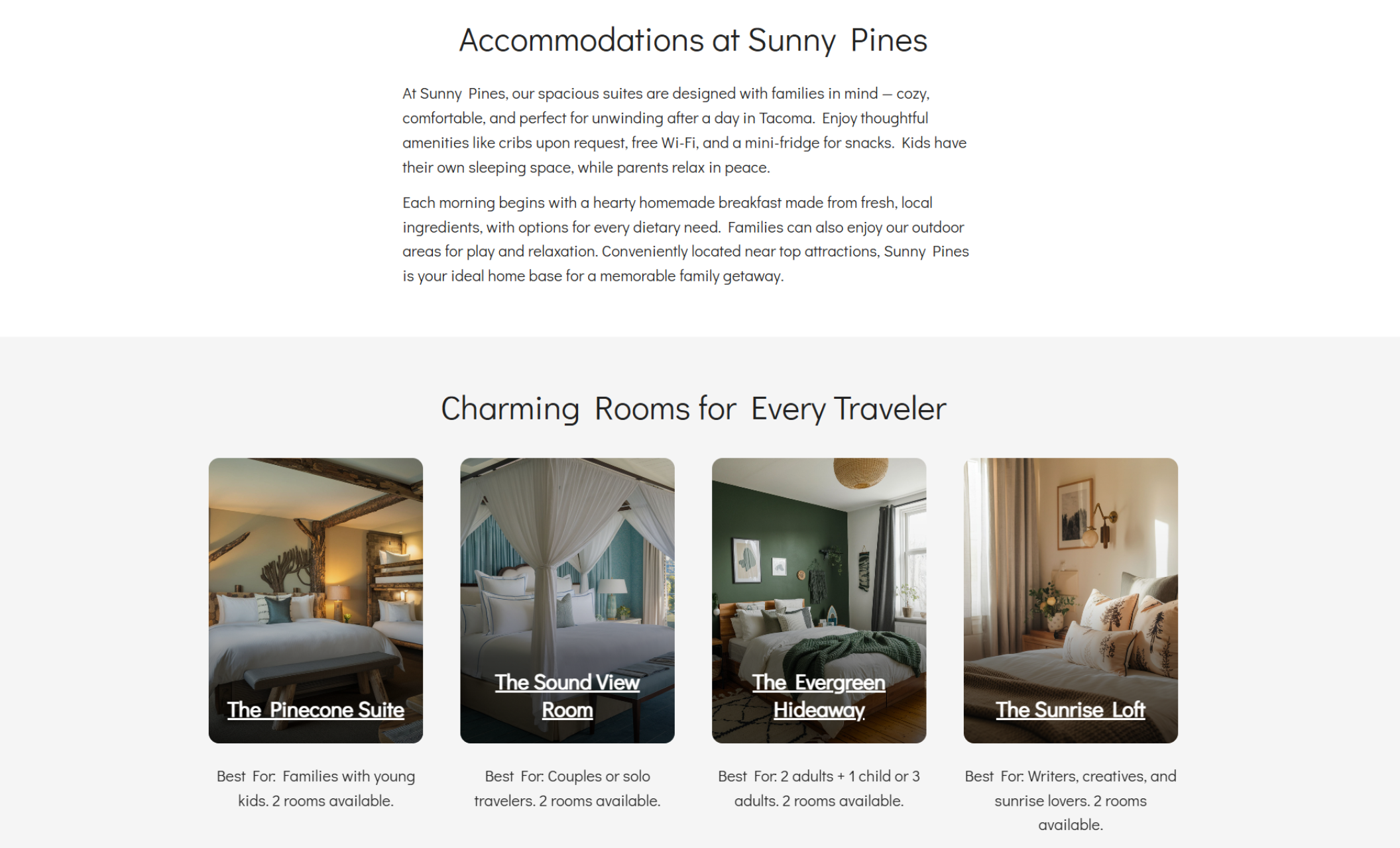 Accommodations page of Sunny Pines displaying four charming room cards—The Pinecone Suite, The Sound View Room, The Evergreen Hideaway, and The Sunrise Loft—each with a photo, name, and description beneath the headline “Charming Rooms for Every Traveler”